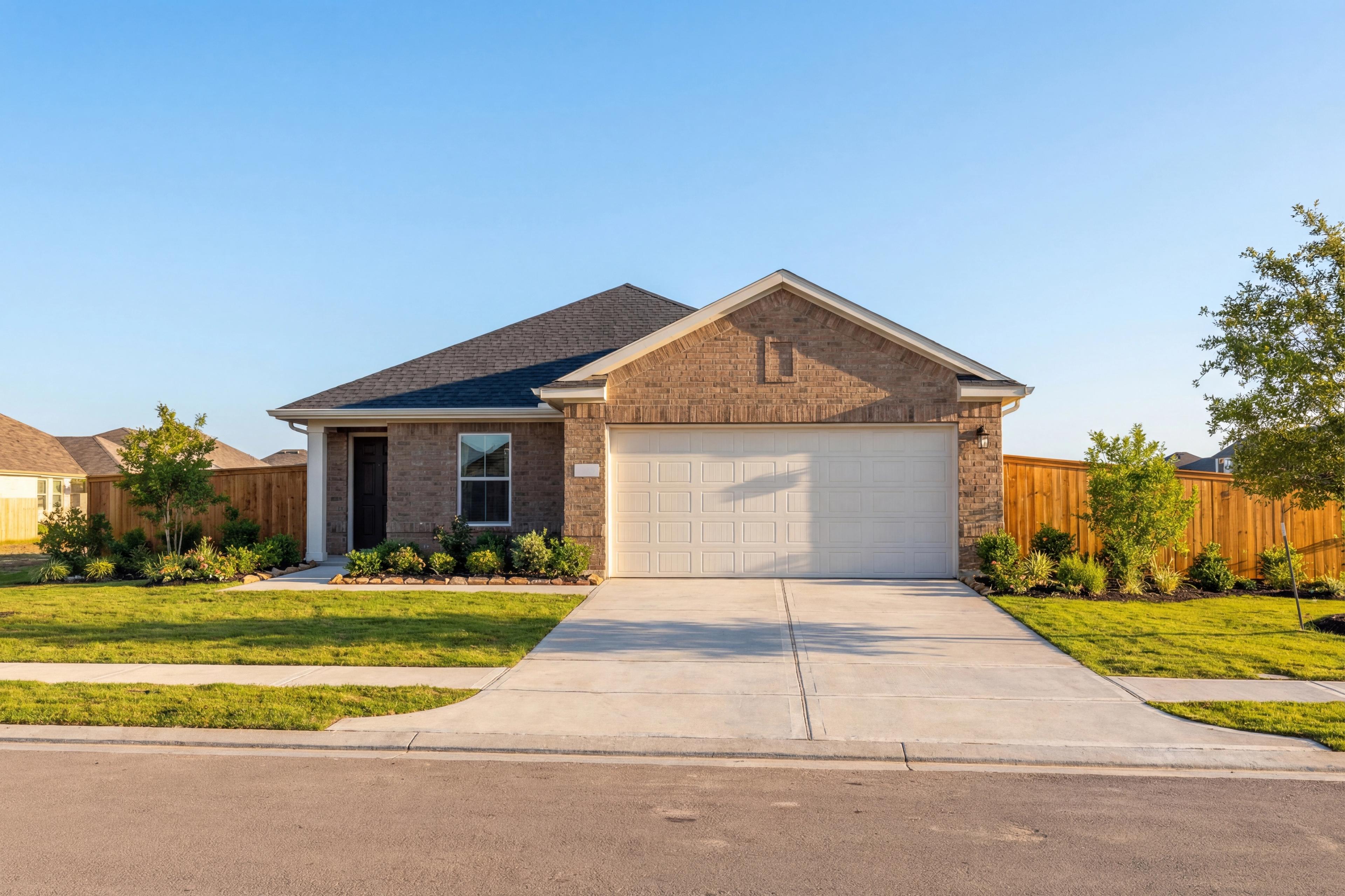 Single-story The Costa A home by Davidson Homes in Beasley, Texas, featuring brick exterior, 2-car garage, and landscaped yard