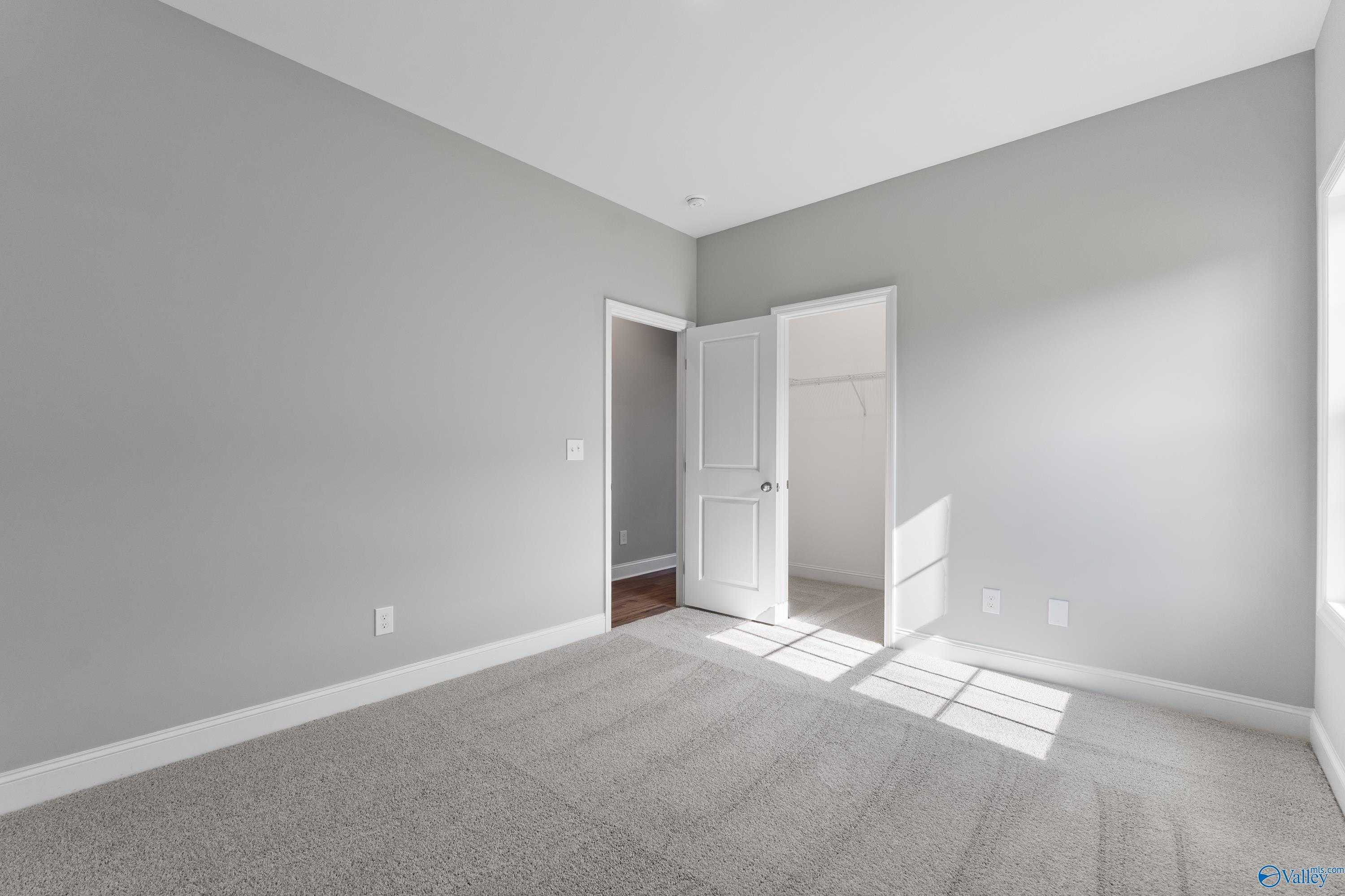 Bright master bedroom with light gray walls, plush carpet flooring, open closet door, and sunlit window in Davidson Homes The Rockford, Harvest AL