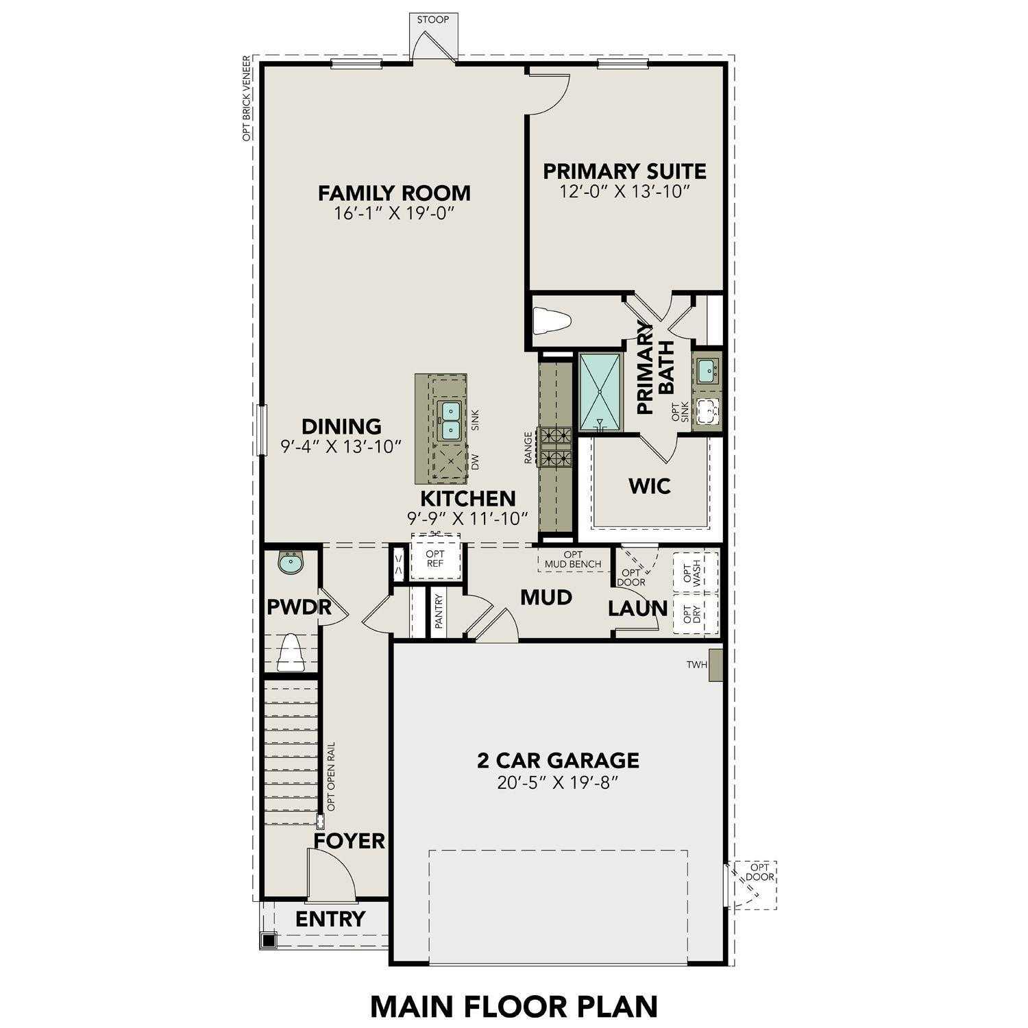 Main floor plan of The Blanco E: open kitchen, dining, family room, primary suite, 2-car garage in 4-bed Magnolia TX home