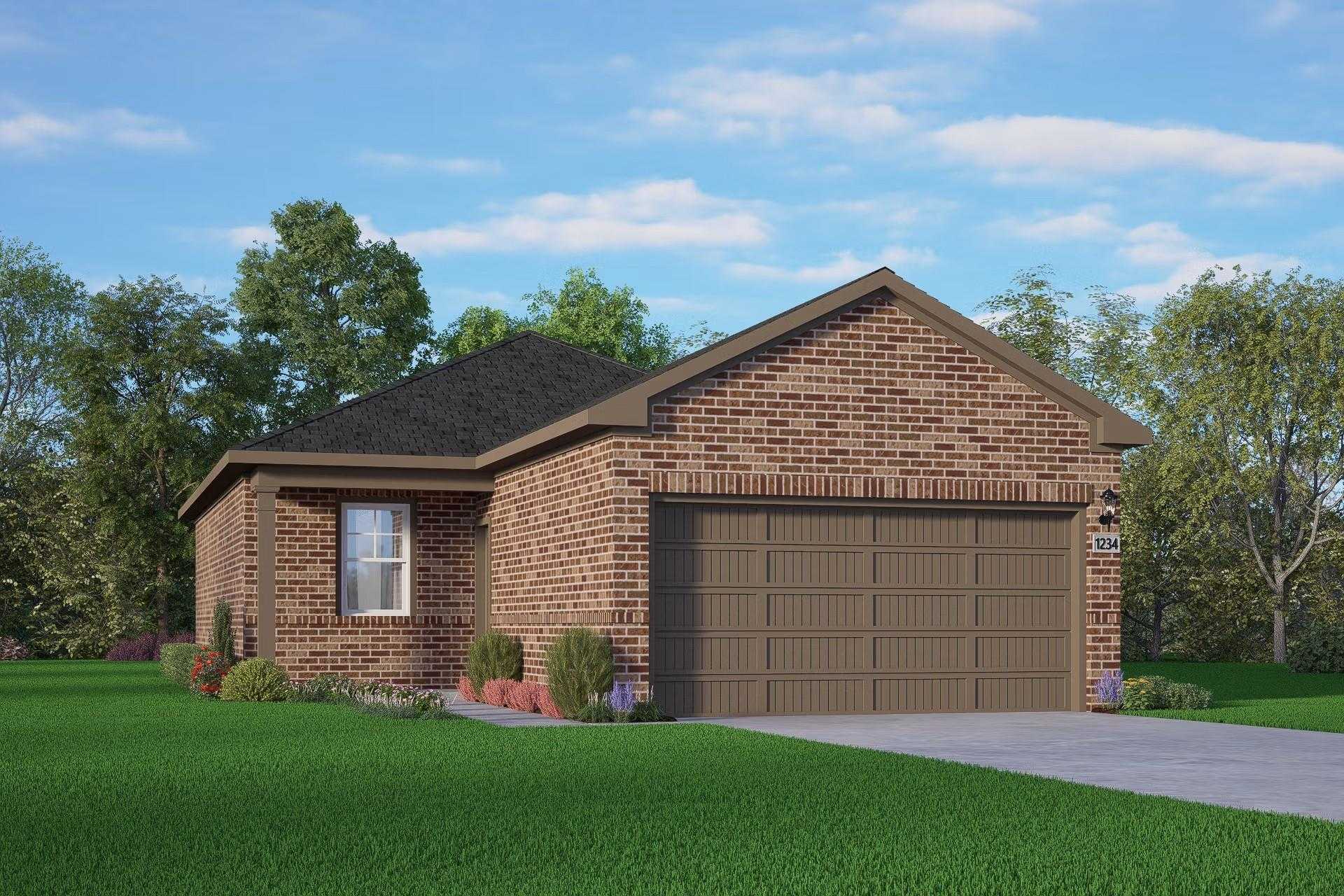 Brick 3-bedroom 1-story home with 2-car garage, gabled roof and landscaped yard in Robins Landing, Houston Texas - Davidson Homes Comal F
