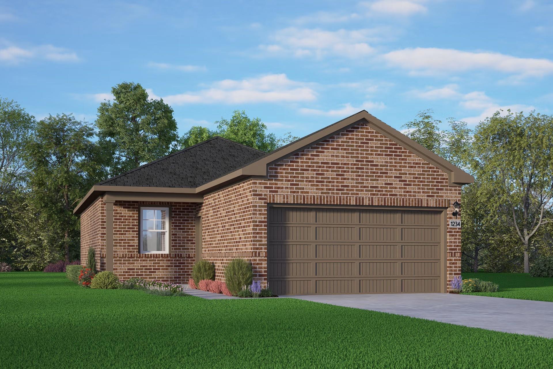 Brick 3-bedroom 1-story home with 2-car garage, gabled roof and landscaped yard in Robins Landing, Houston Texas - Davidson Homes Comal F