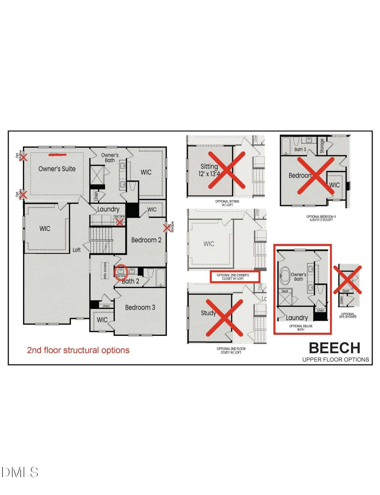 2nd floor structural options diagram for The Beech B plan by Davidson Homes, featuring owner's suite, bedrooms, laundry, and baths in Raleigh, NC