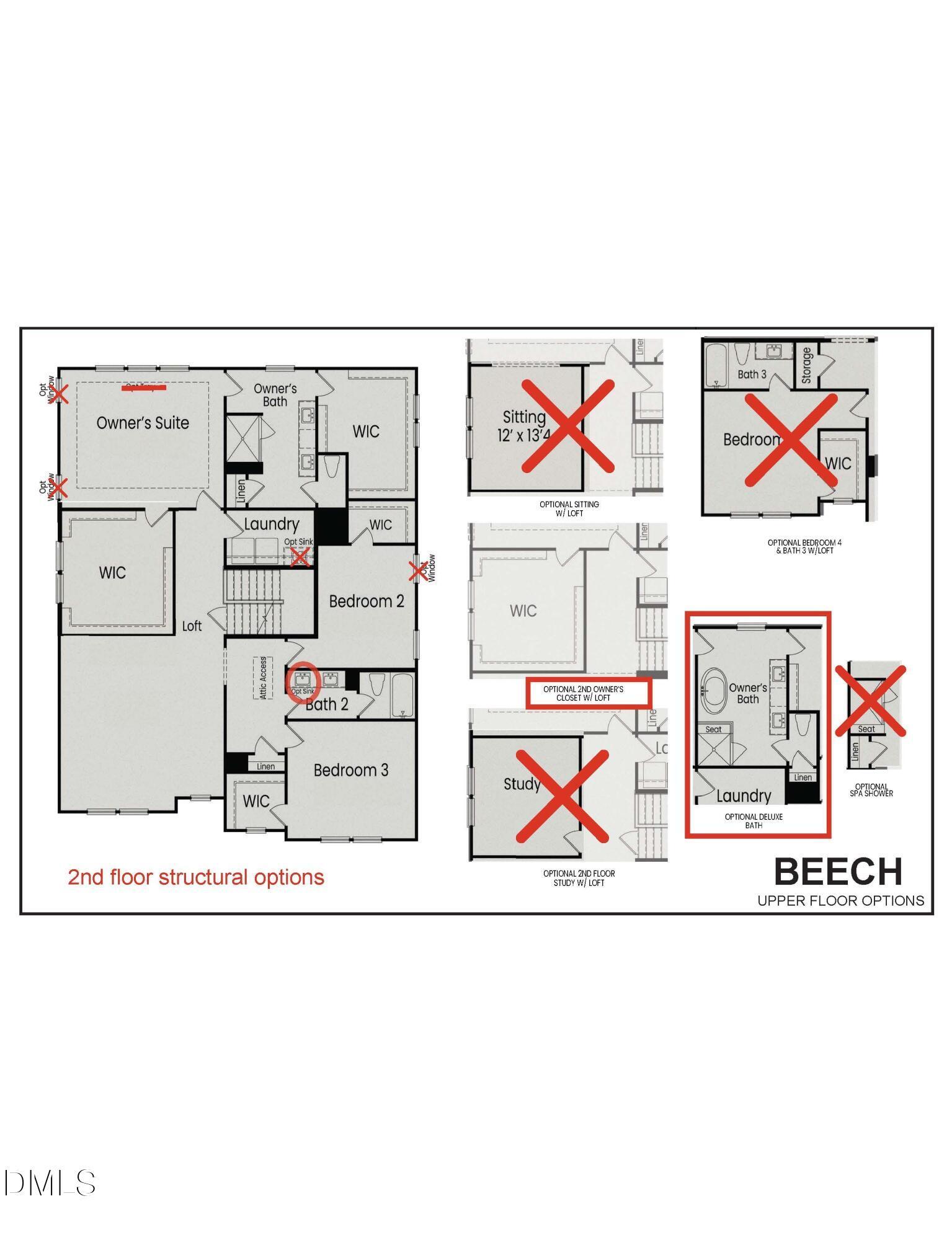 2nd floor structural options floor plan for The Beech B by Davidson Homes, featuring owner's suite, bedrooms, laundry in Raleigh, NC home