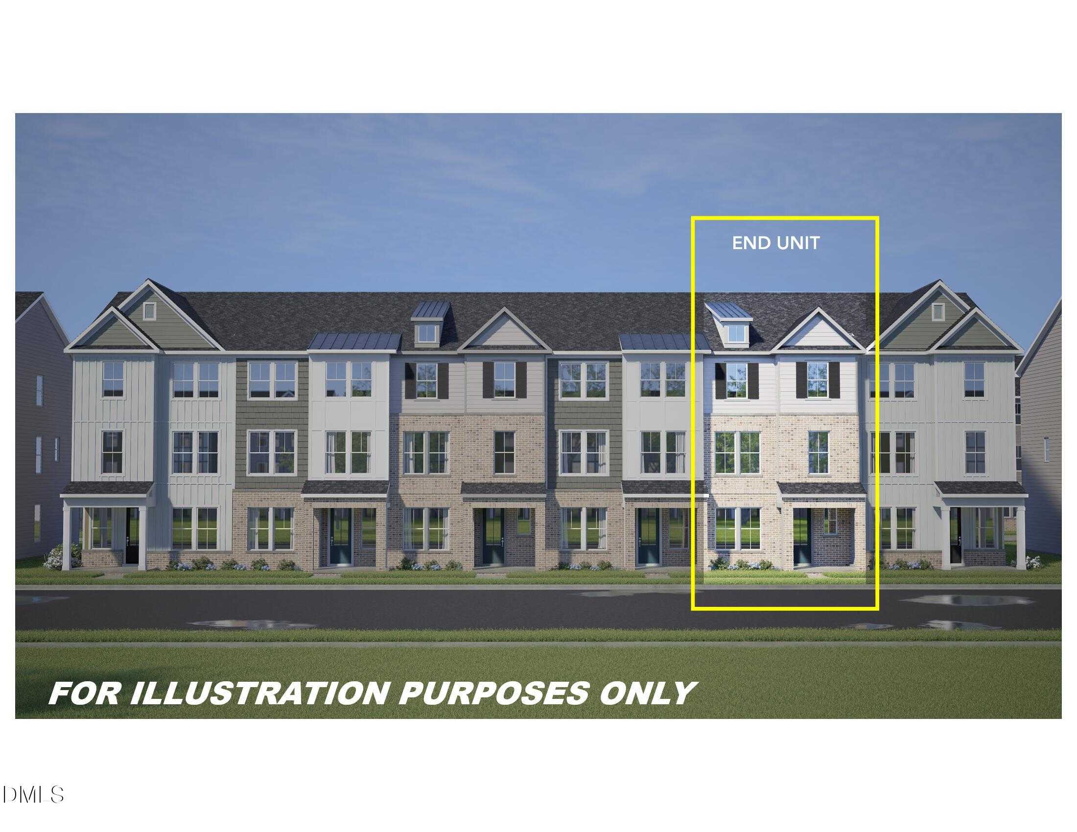 Modern 3-story end-unit townhome with gabled roof, beige siding, and garage in Davidson Homes The Avery Exterior, Knightdale, NC