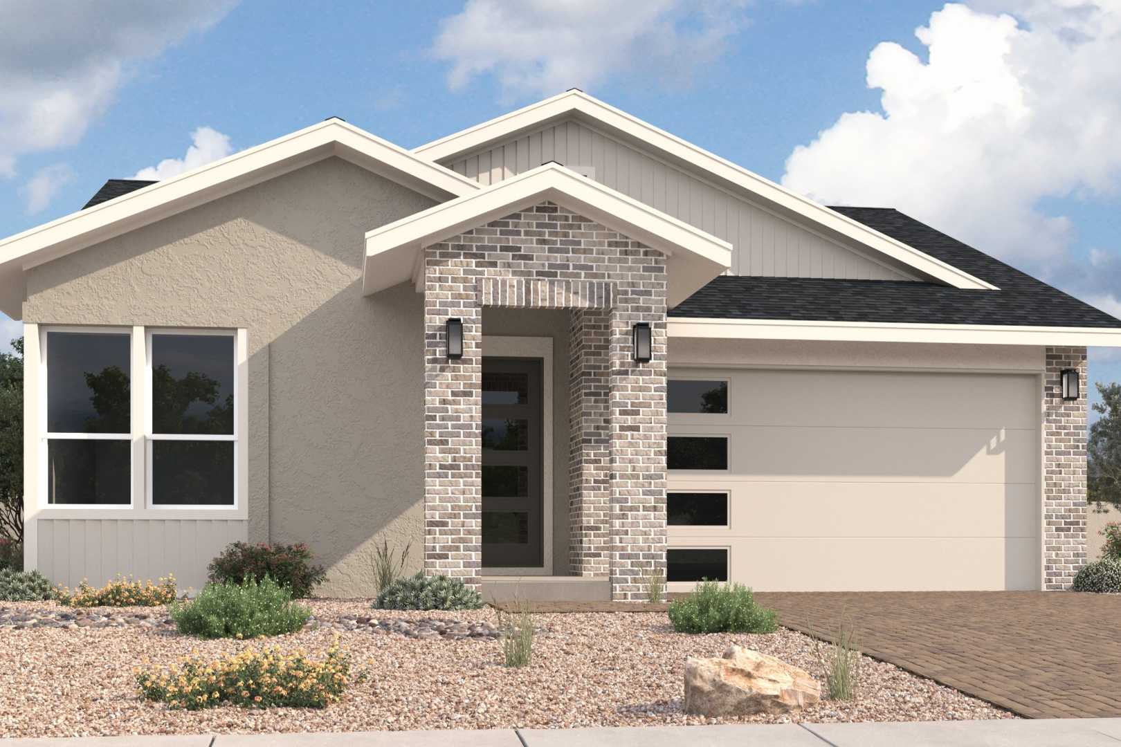 Modern Boulder II 1-story home elevation with stucco-brick exterior, 2-car garage, and desert landscaping in Prescott AZ