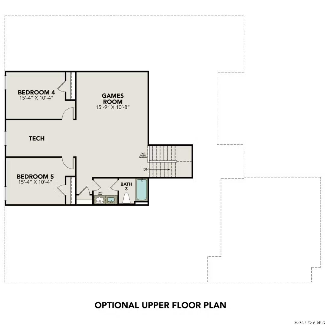 Optional upper floor plan for The Foster F home in Potranco Oaks, featuring bedrooms, game room, and tech space.