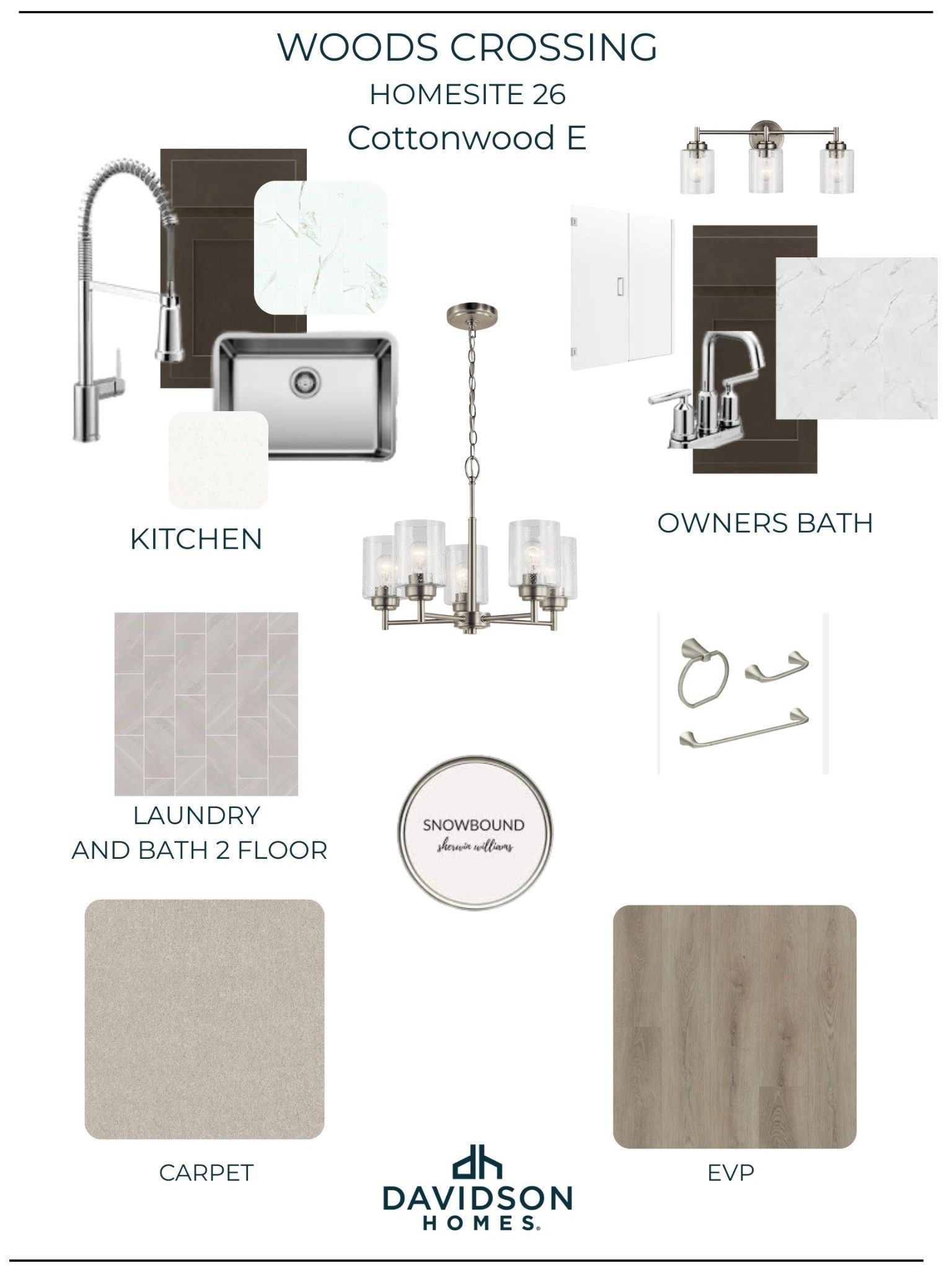 Interior design finish selections for The Cottonwood E floor plan at Woods Crossing in Gallatin, Tennessee by Davidson Homes.
