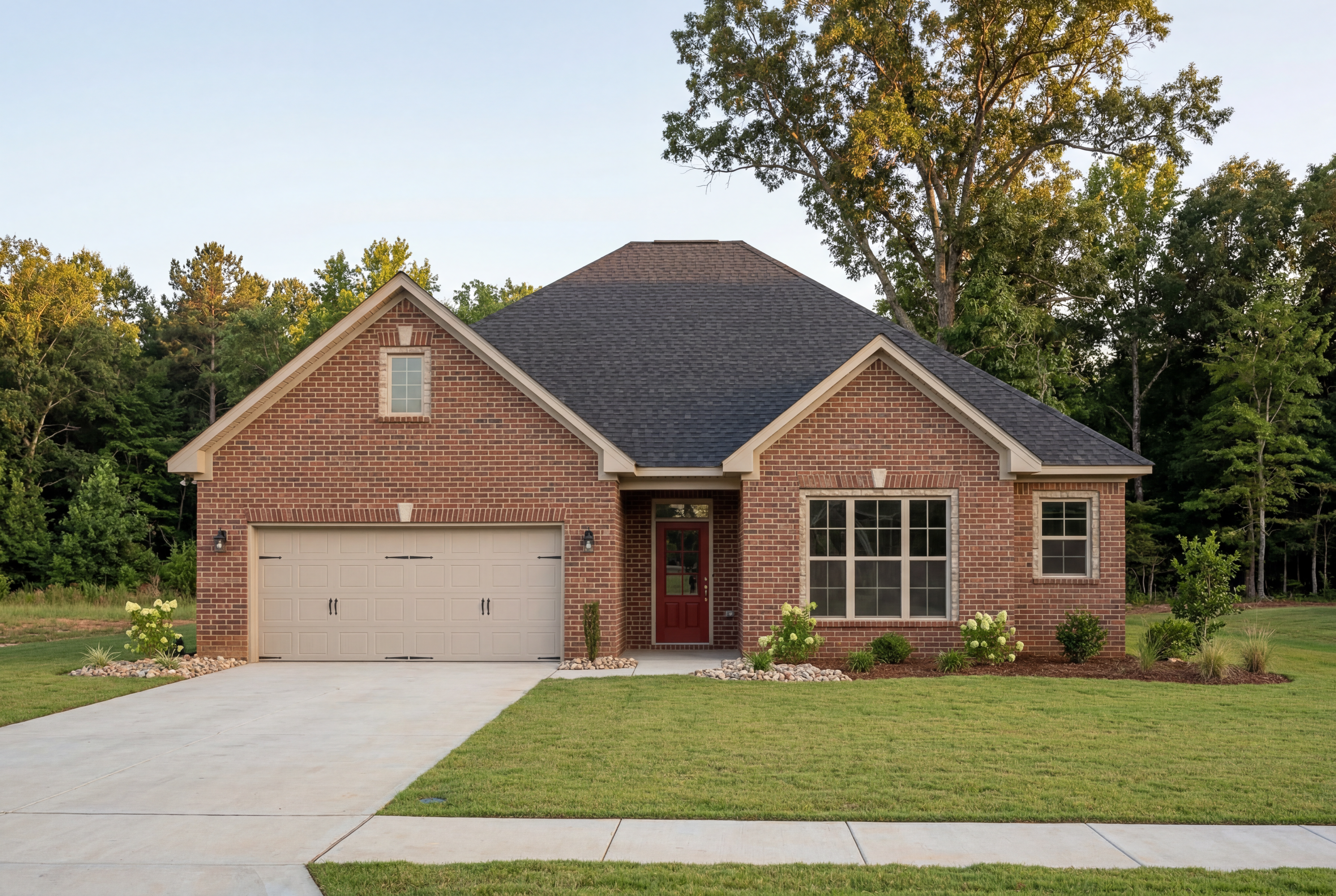 The Montgomery by Davidson Homes featuring a classic red brick exterior, 2-car garage, and a welcoming front entrance.