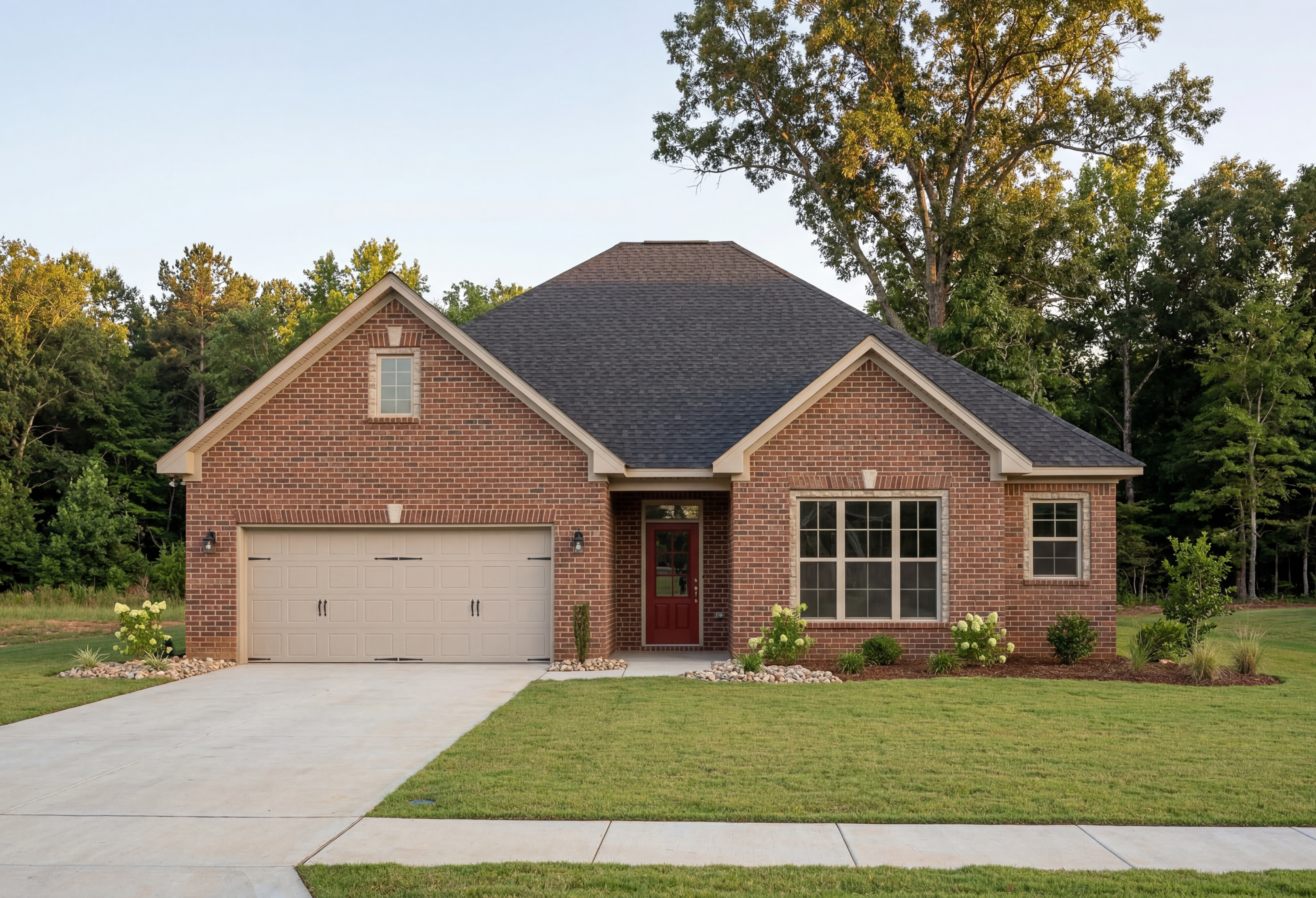 The Montgomery by Davidson Homes featuring a classic red brick exterior, 2-car garage, and a welcoming front entrance.