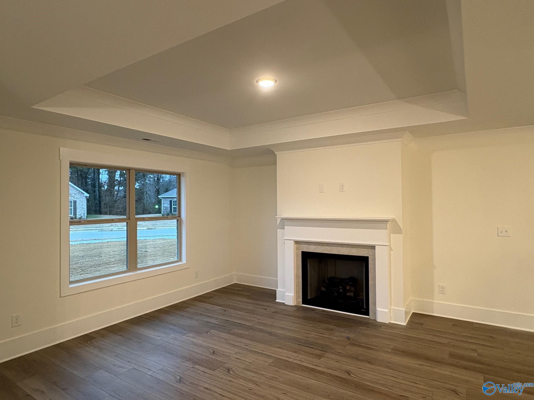 Cozy great room featuring gas fireplace, tray ceiling, and large windows in Davidson Homes The Daphne C, Arab, Alabama