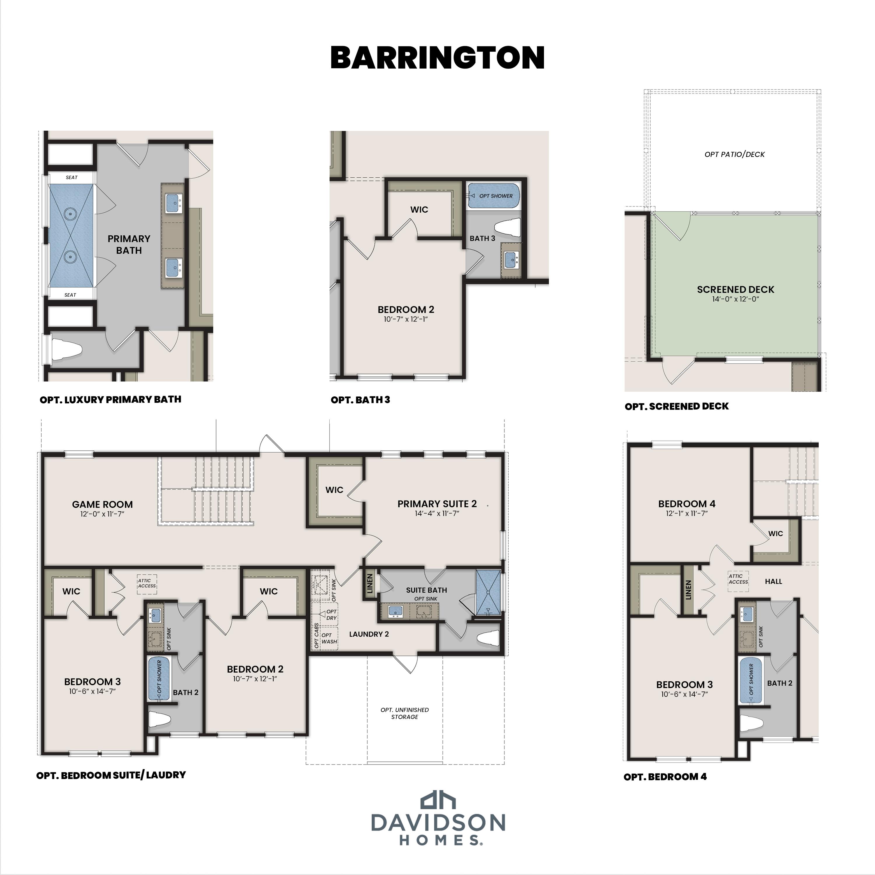Optional floor plan layouts for The Barrington by Davidson Homes featuring secondary bedrooms, baths, and screened deck.