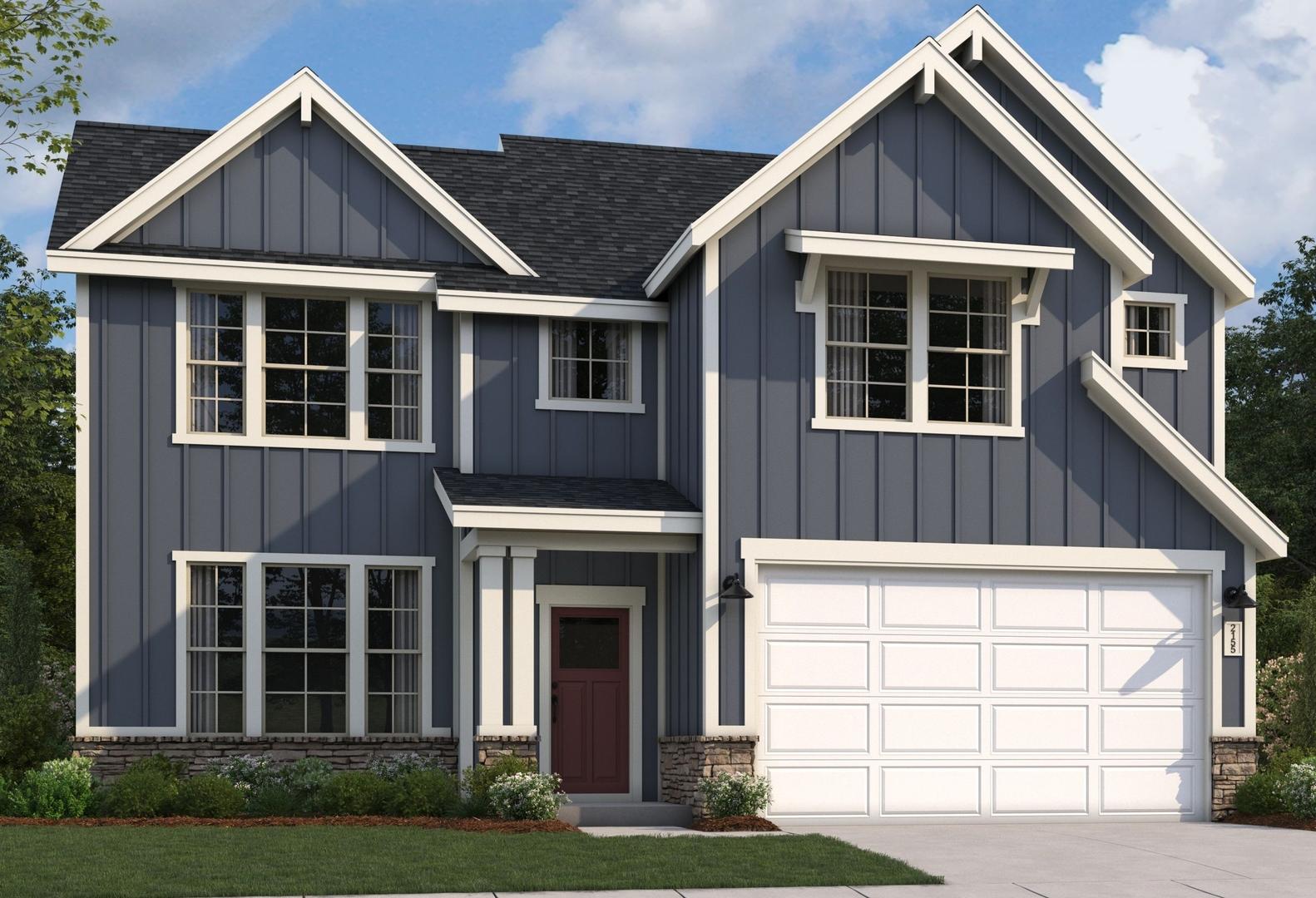 Craftsman-style 2-story Stella home elevation by Evermore Homes in Perry GA, gray siding, stone accents, 2-car garage