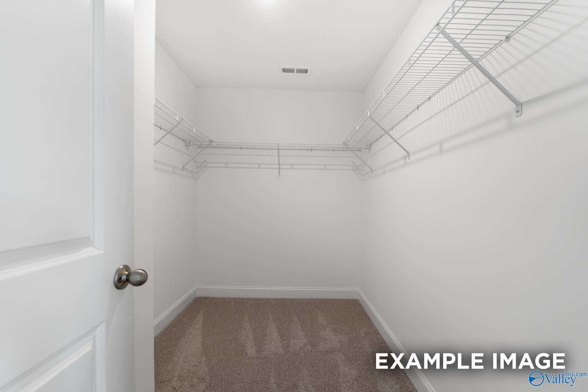 Spacious walk-in closet with white walls, wire shelving, and carpeted floor in Davidson Homes The Camden, Huntsville, Alabama