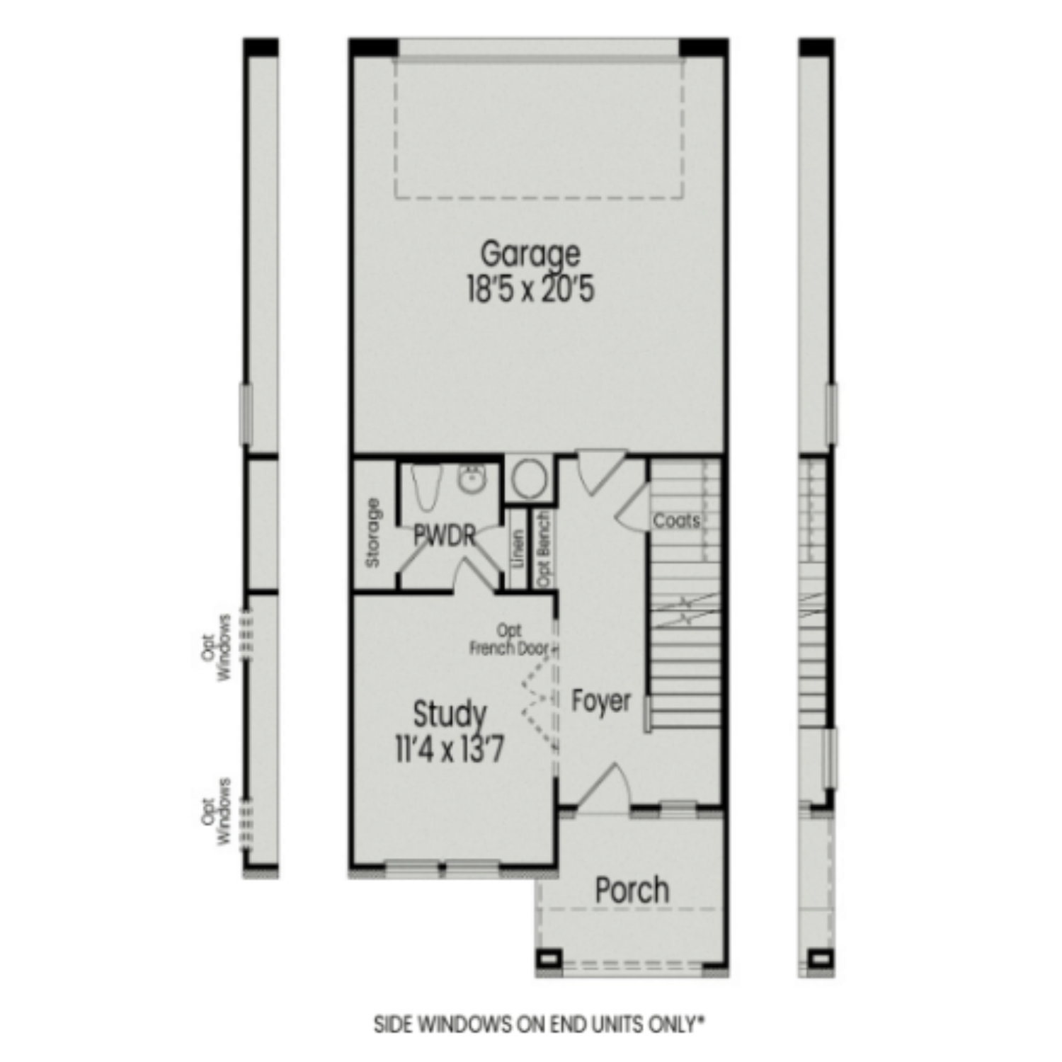First floor plan of The Avery multi-family home by Davidson Homes, featuring 2-car garage, study, foyer, and powder room