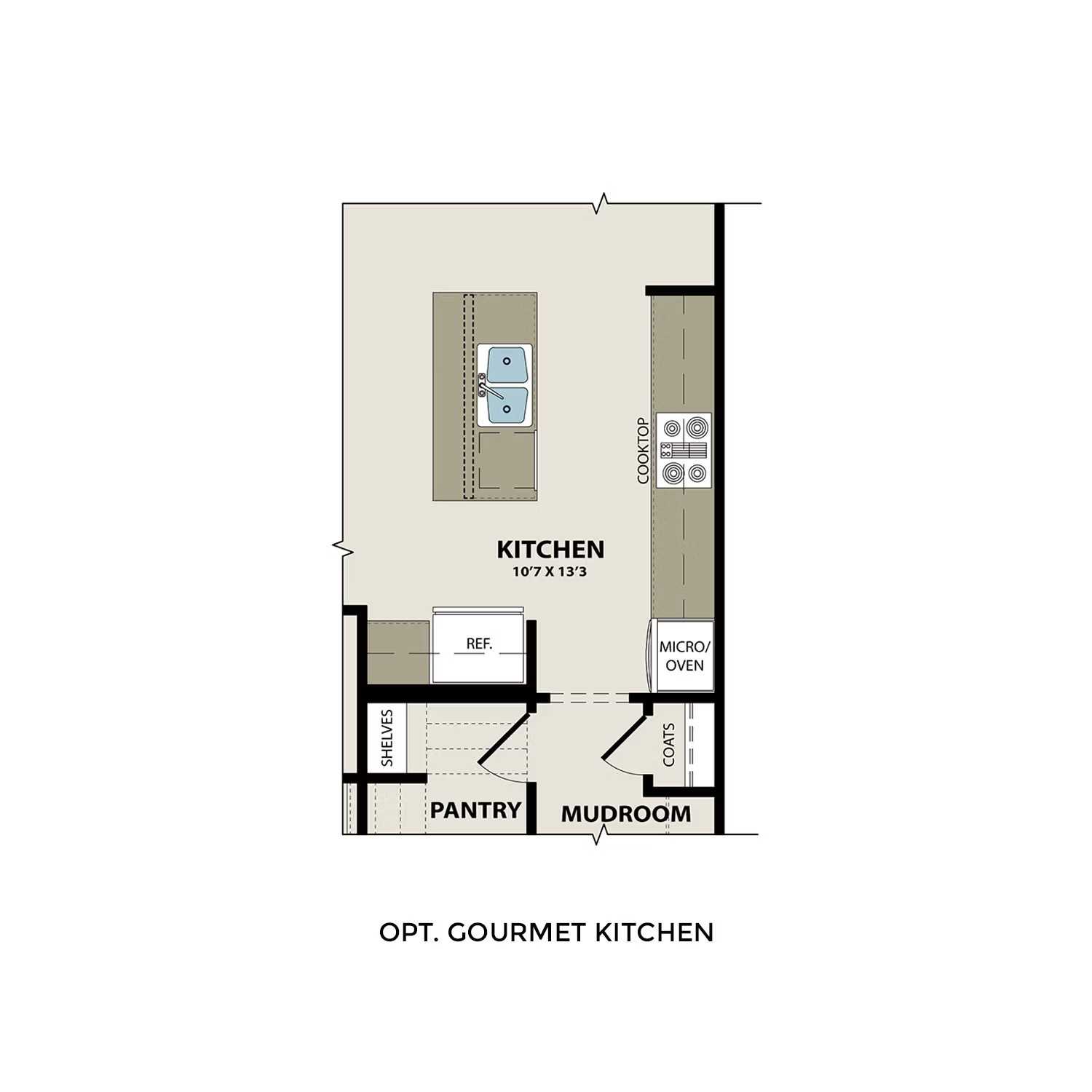 Gourmet kitchen floor plan with island, sink, pantry, and mudroom in Davidson Homes The Wake D, Wylie, Texas