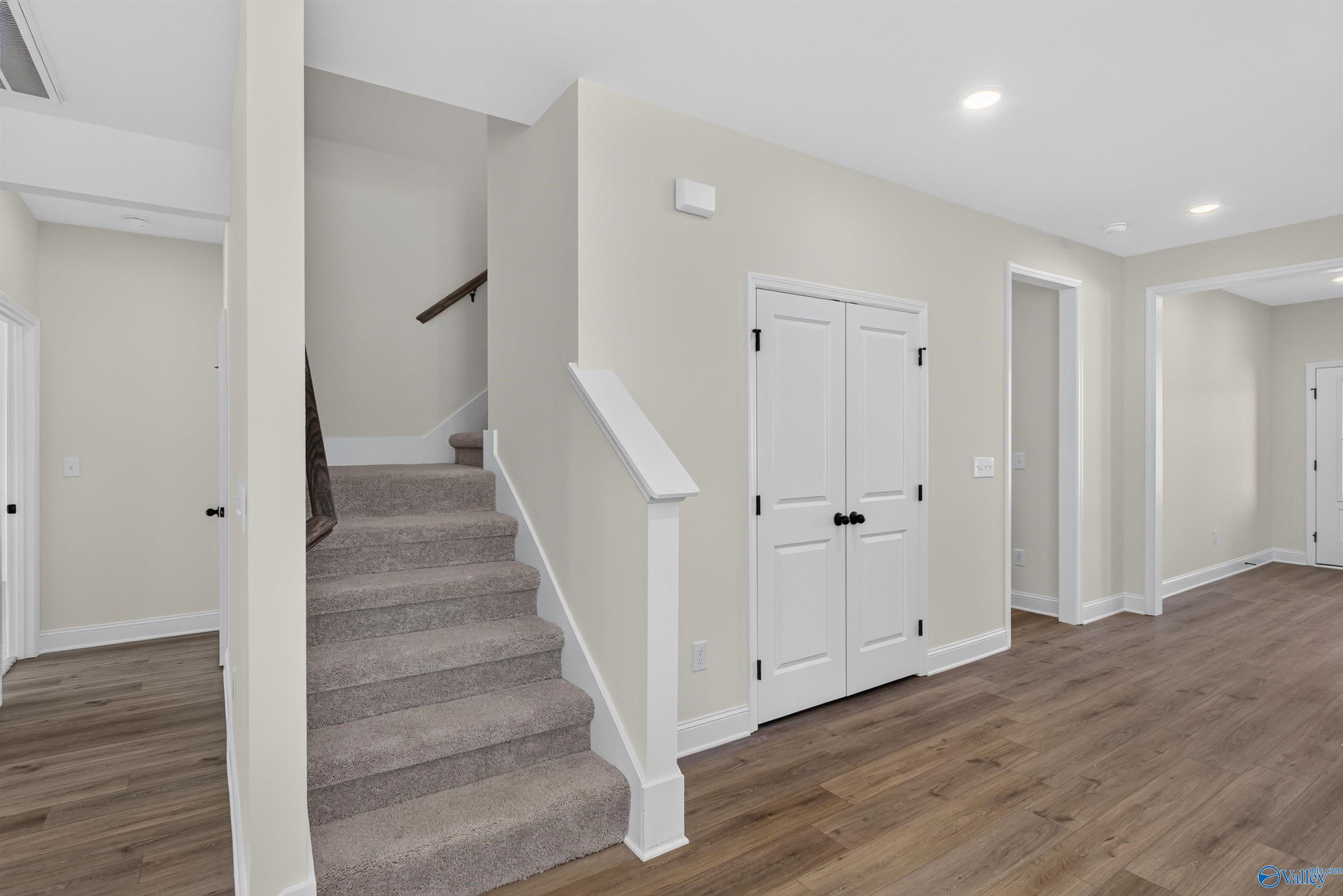 Carpeted staircase with wood-look flooring and white double-door closet in Davidson Homes Ashport L plan, Berry Cove, Alabama