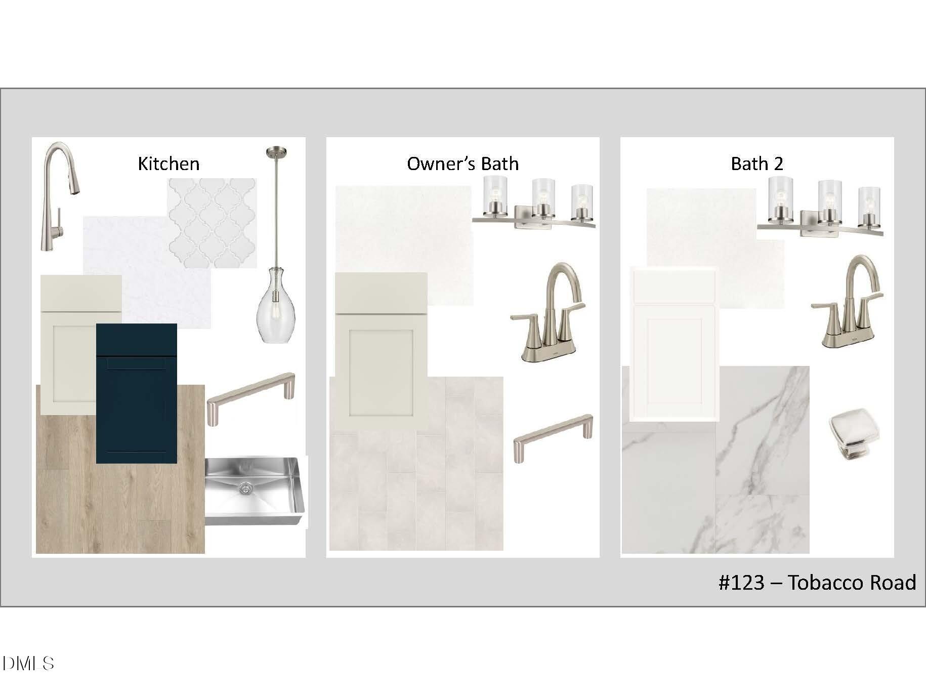 Kitchen and bath design mood board with white tiles, black cabinets, faucets for The Magnolia D home at 123 Tobacco Road, Angier, NC