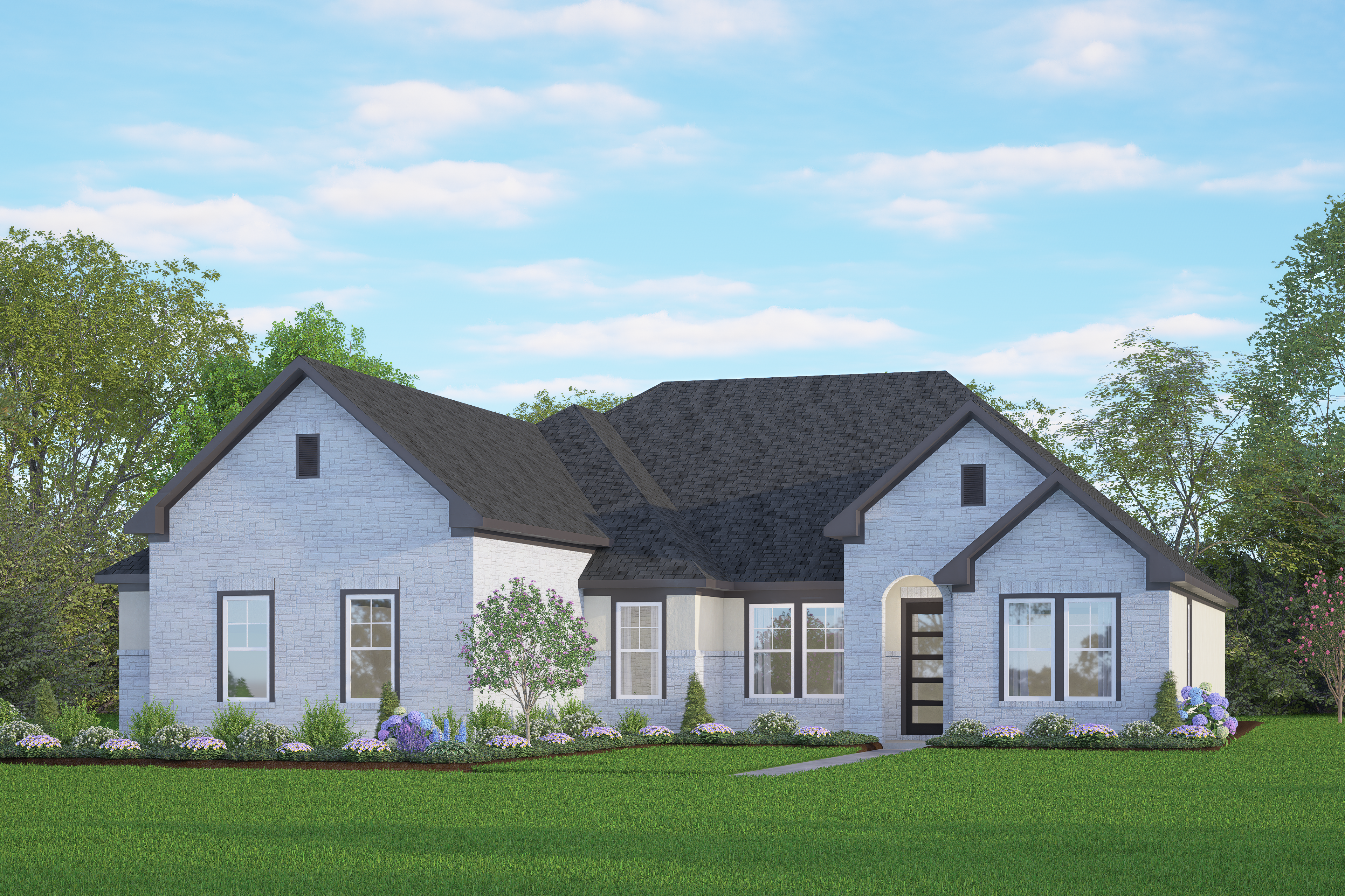 Foster G single-story home elevation by Davidson Homes in Castroville Texas featuring white brick, dark gabled roof, and landscaped yard