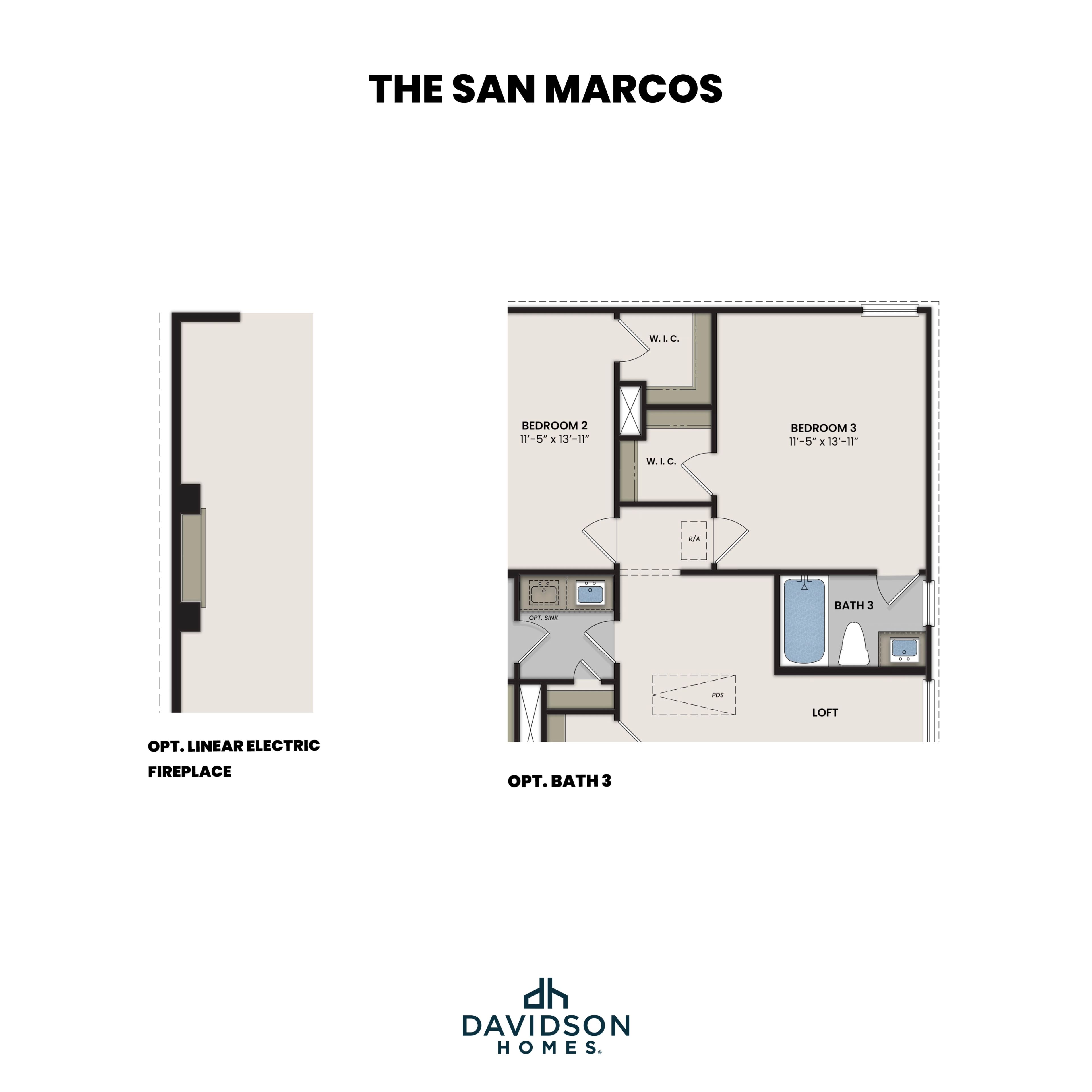Second floor layout of The San Marcos home plan featuring bedrooms, loft, optional Bath 3, and linear electric fireplace by Davidson Homes