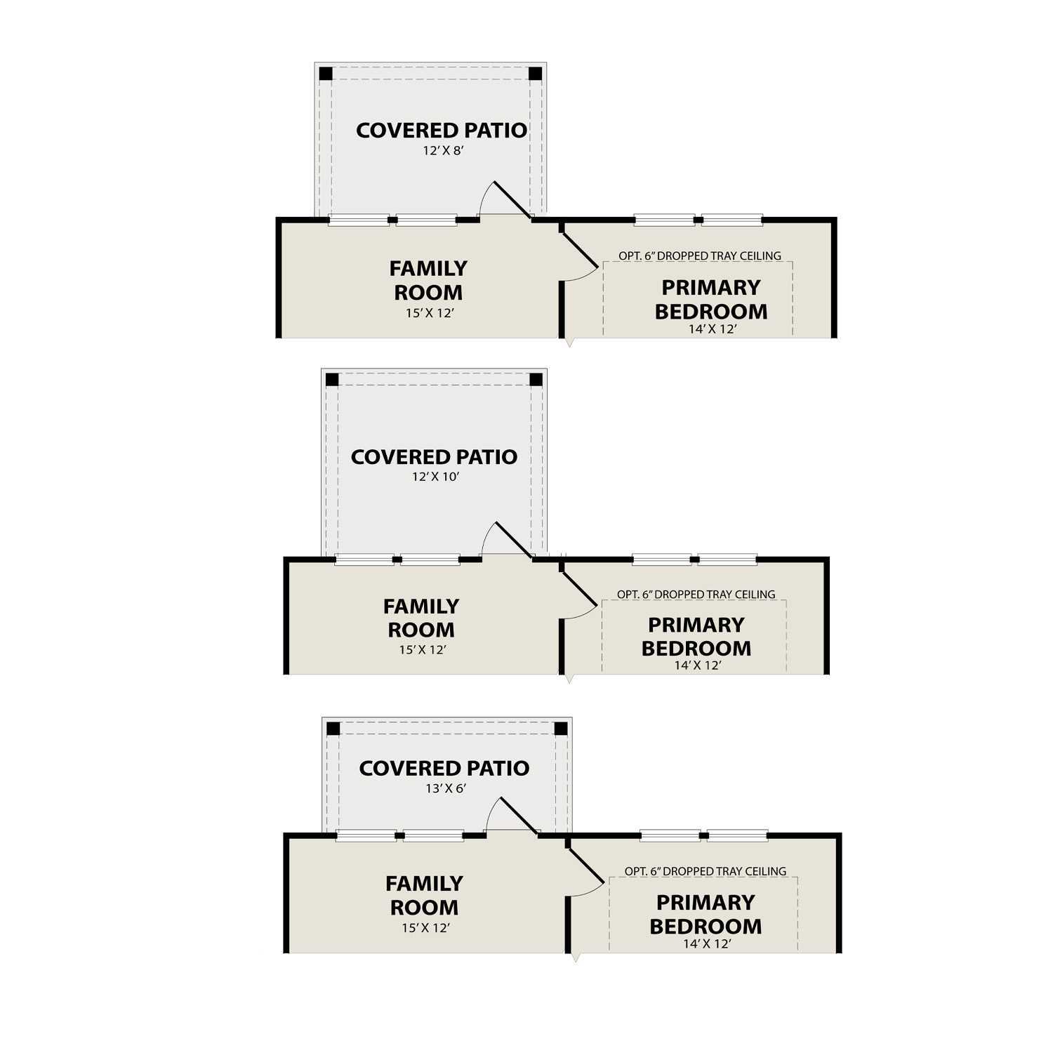 San Marcos home floor plans showing primary bedroom, family room, and covered patio options with tray ceilings