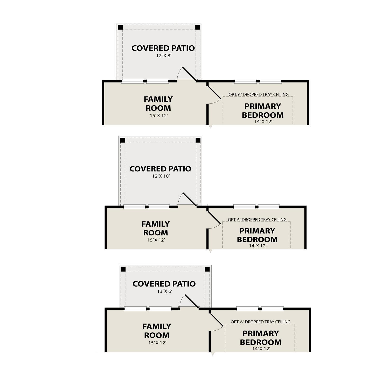 San Marcos home floor plans showing primary bedroom, family room, and covered patio options with tray ceilings