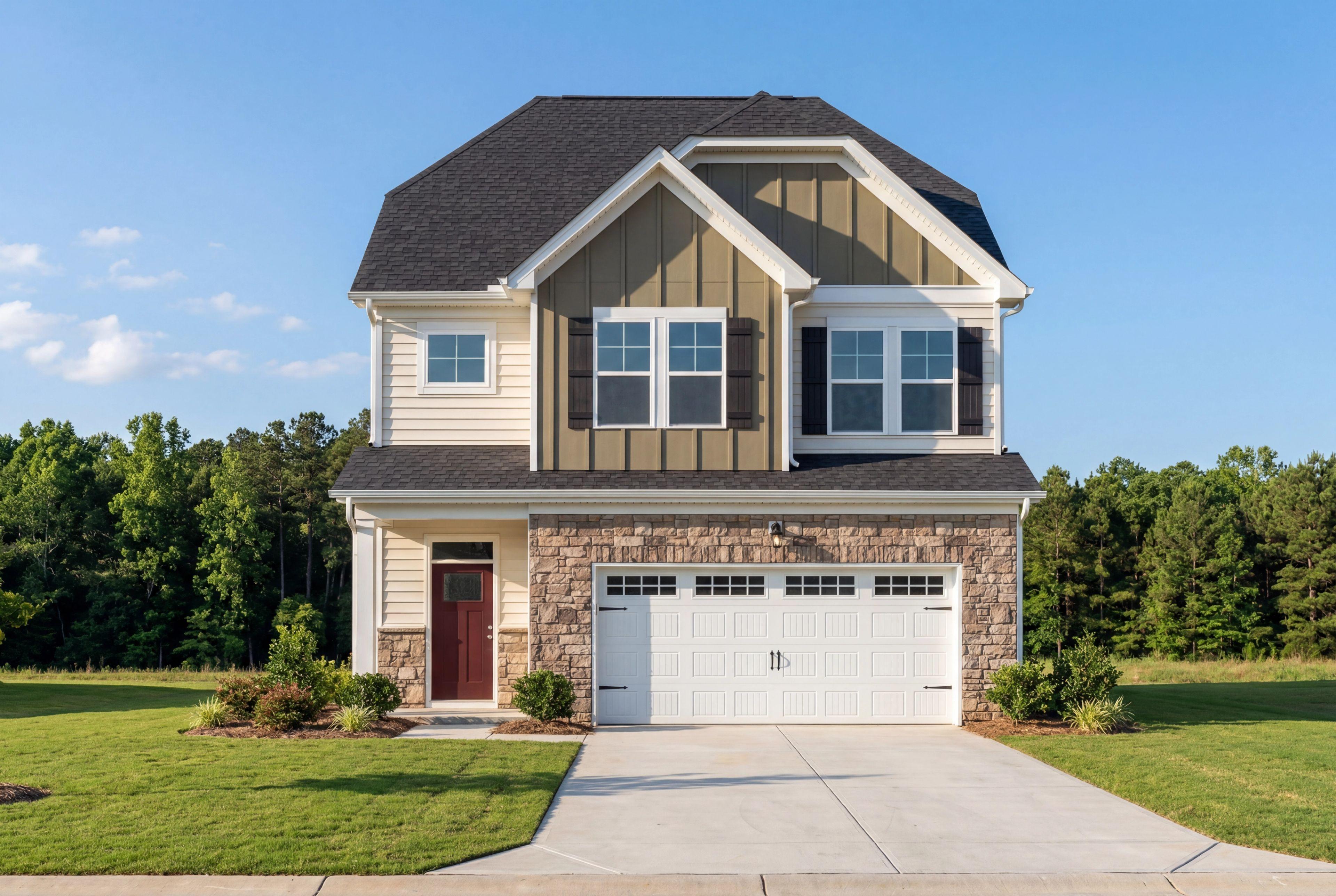 Two-story home exterior at Gregory Village in Lillington, NC by Davidson Homes with stone accents and two-car garage.