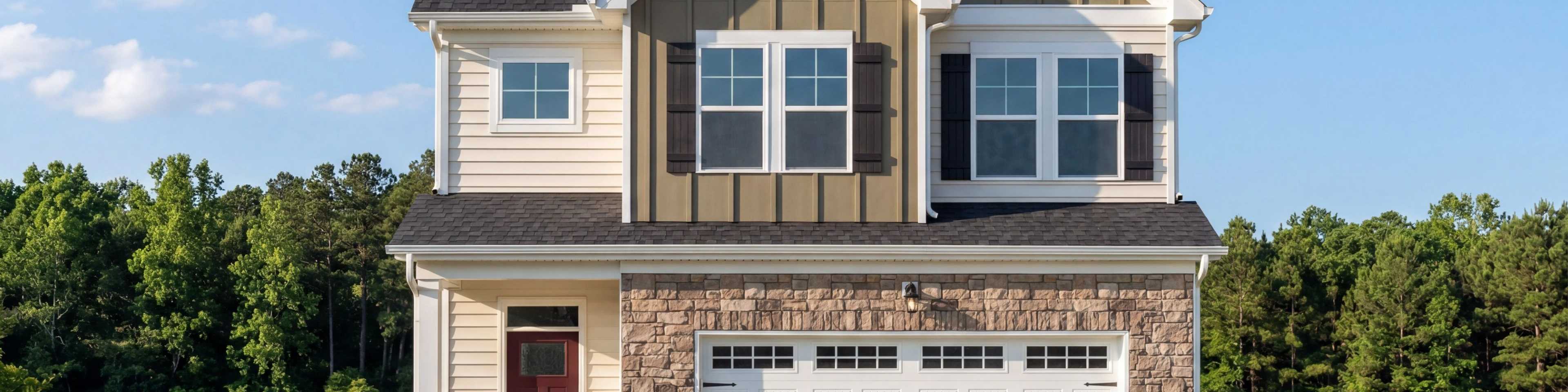 Two-story home exterior at Gregory Village in Lillington, NC by Davidson Homes with stone accents and two-car garage.