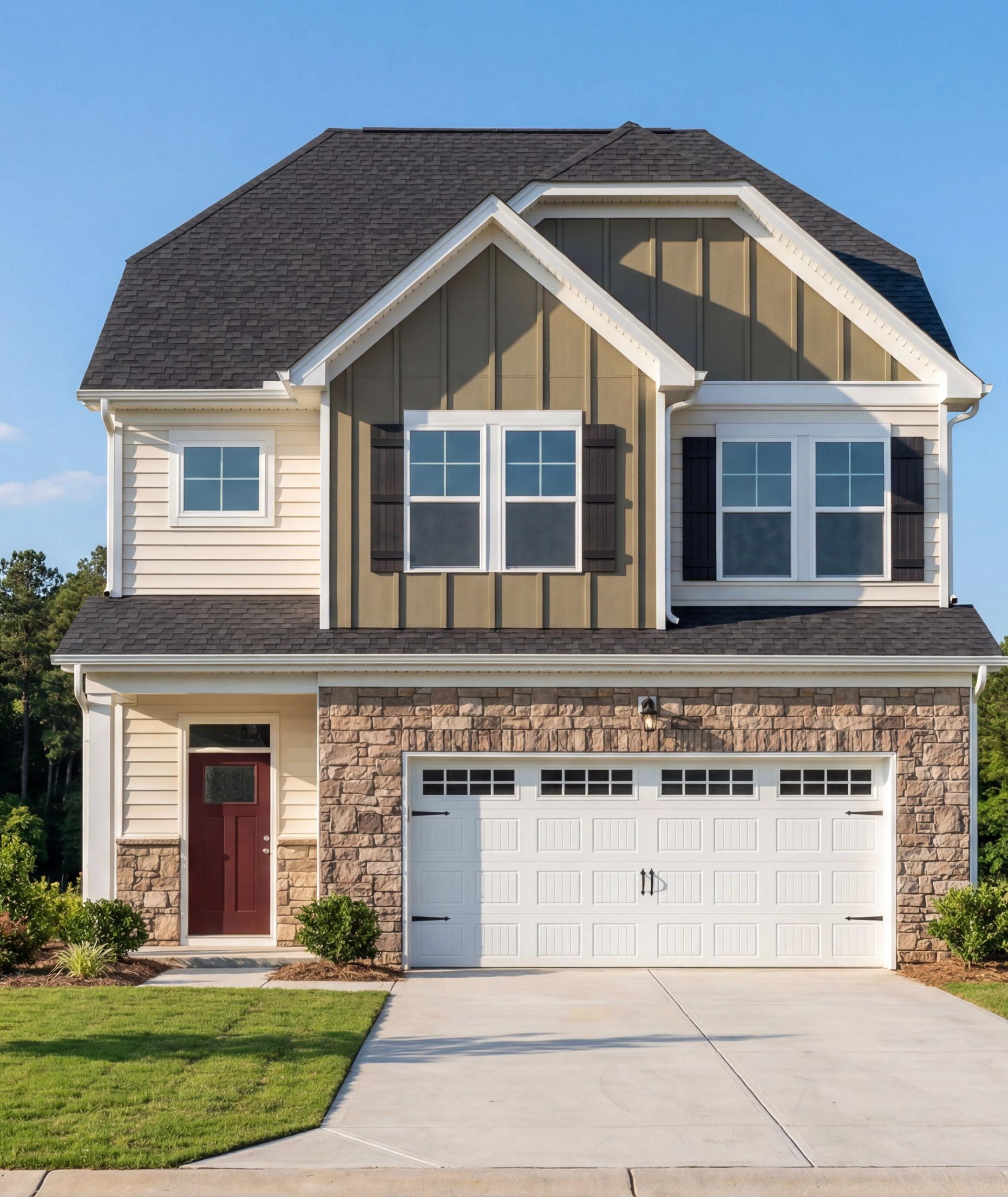 Two-story home exterior at Gregory Village in Lillington, NC by Davidson Homes with stone accents and two-car garage.