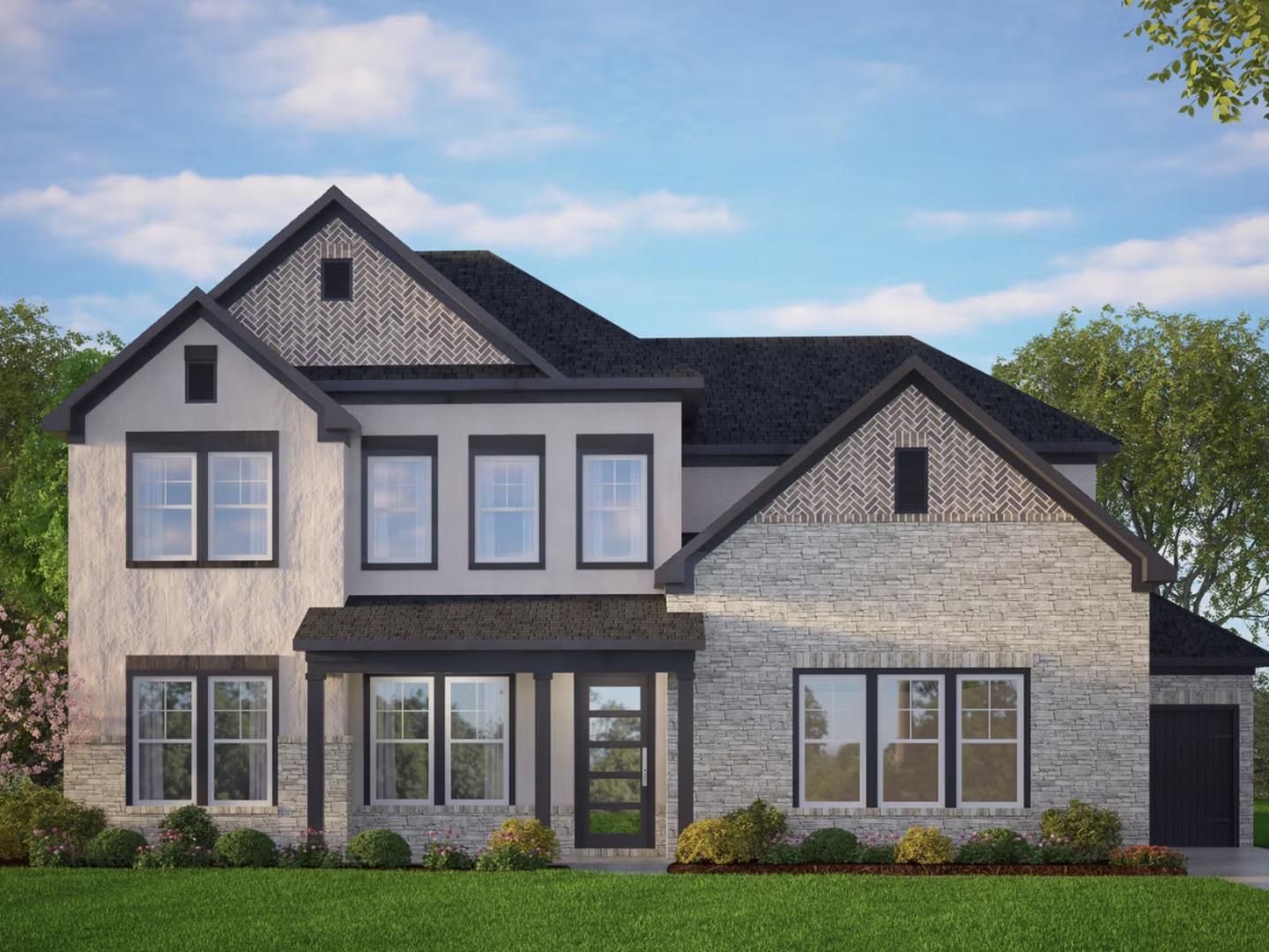 Modern two-story beige brick home with black accents, 3-car garage, large windows, and lush lawn in Castroville, Texas