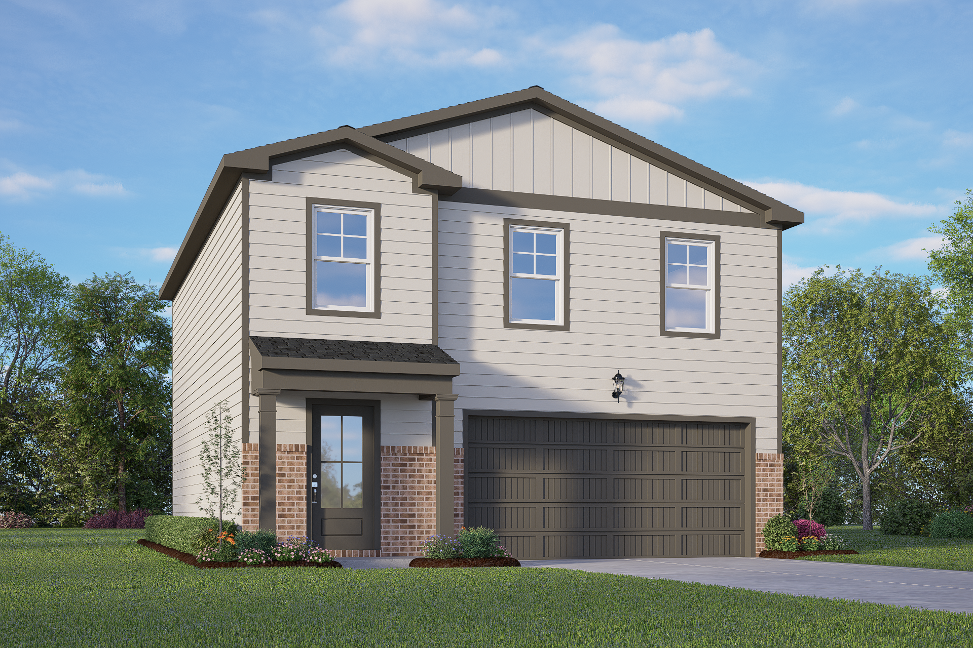 Two-story elevation of The Trinity B showcasing beige siding, brick accents, two-car garage, and landscaped yard