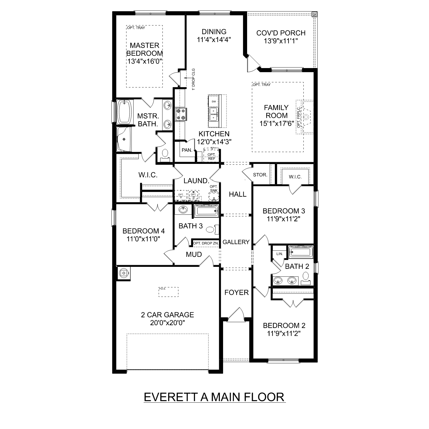 The Everett 4-bedroom single-story floor plan with master suite, open kitchen-family room, covered porch, and 2-car garage