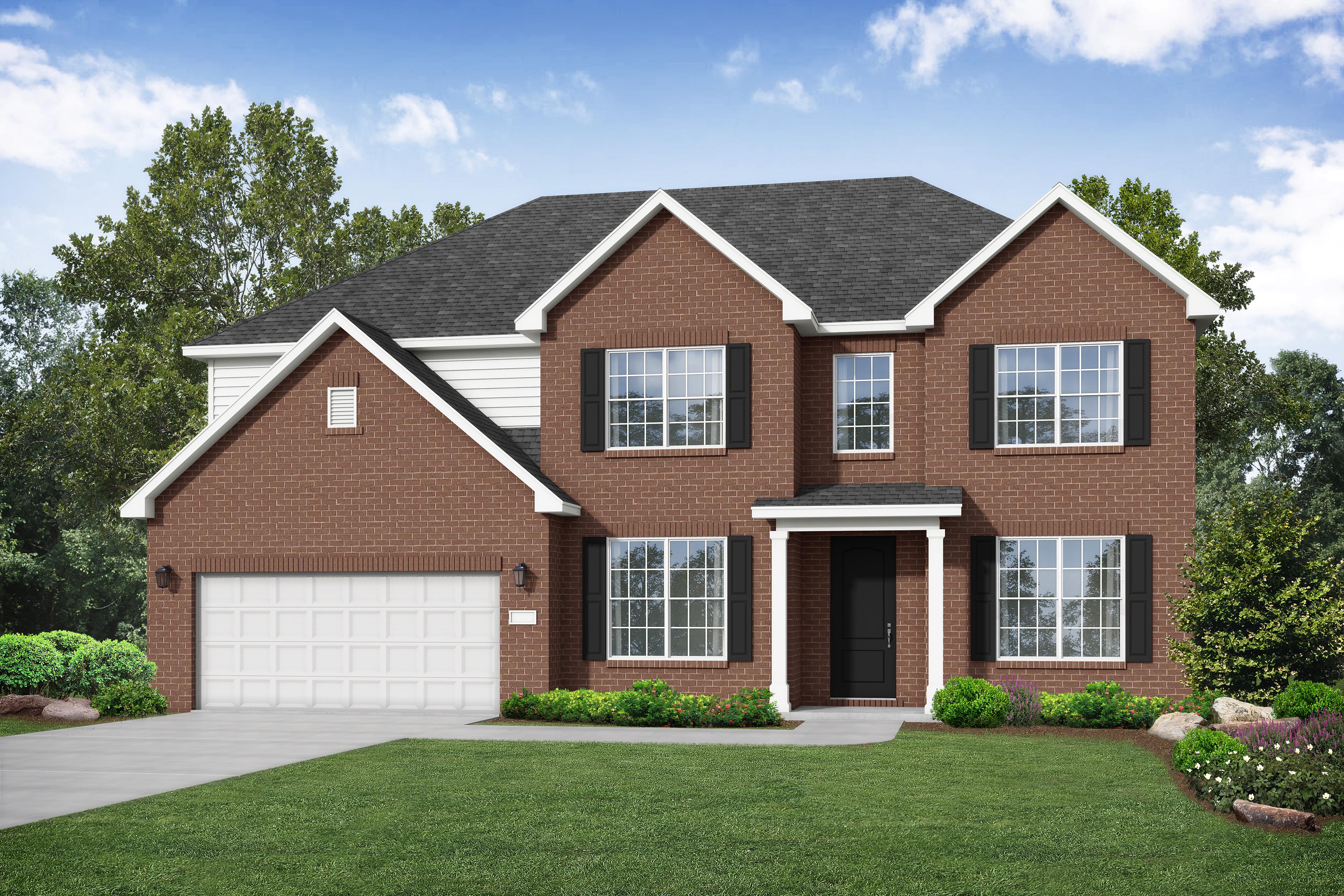 Two-story Madison A brick home elevation with white trim, 2-car garage, front porch, and lush landscaping in Meridianville