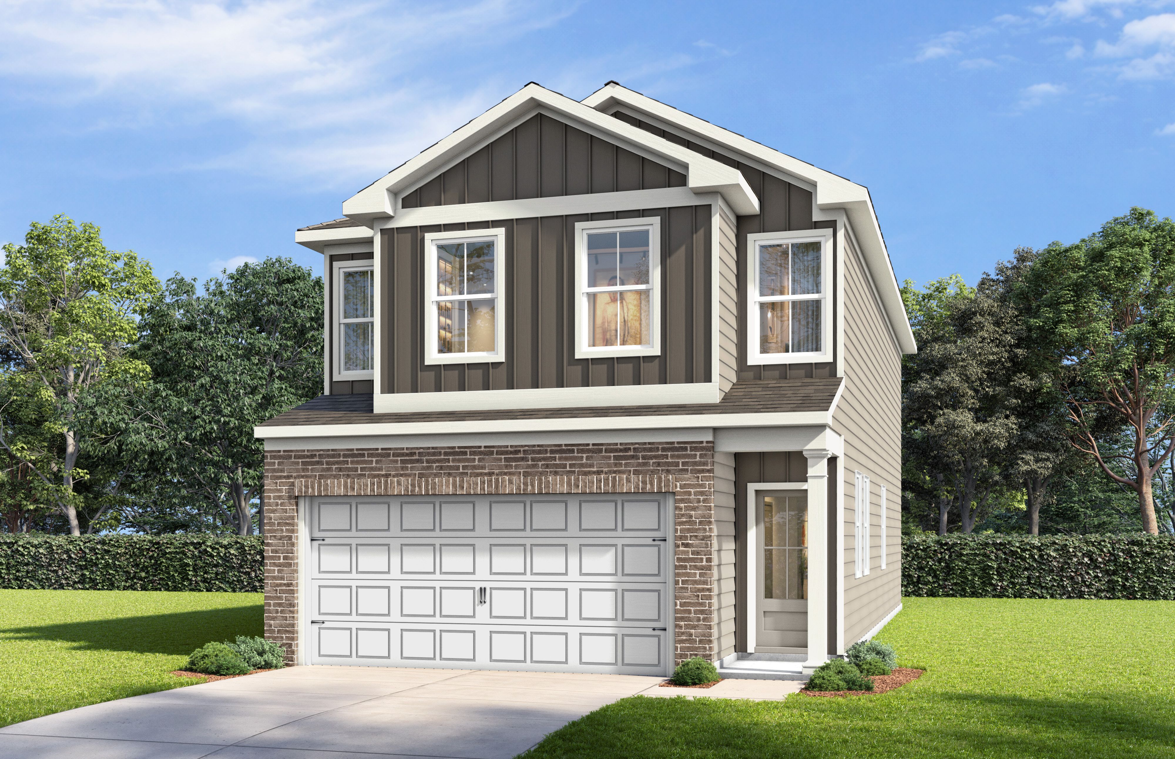 Two-story exterior elevation of The Charlotte C by Davidson Homes featuring a brick and siding facade with a 2-car garage.