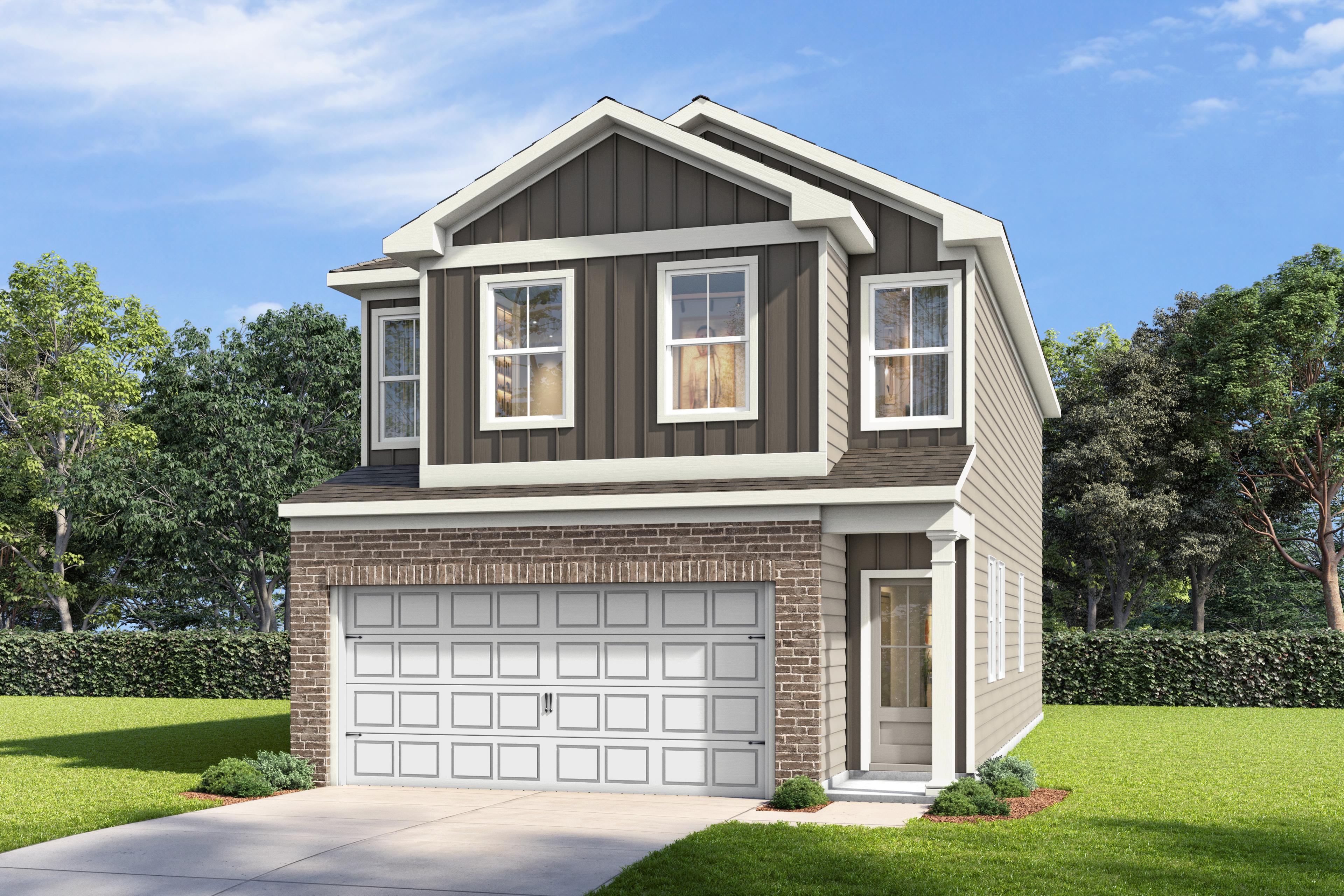 Two-story exterior elevation of The Charlotte C by Davidson Homes featuring a brick and siding facade with a 2-car garage.