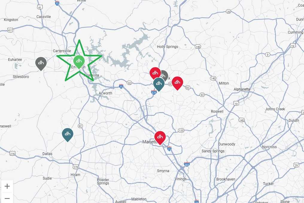 Location map of Stegall Village in Emerson, Georgia, highlighting community site near Cartersville, Dallas, and Atlanta highways
