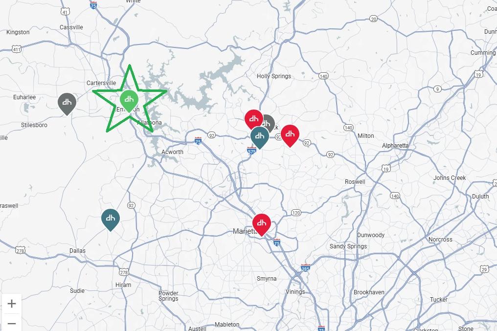 Location map of Stegall Village in Emerson, Georgia, highlighting community site near Cartersville, Dallas, and Atlanta highways
