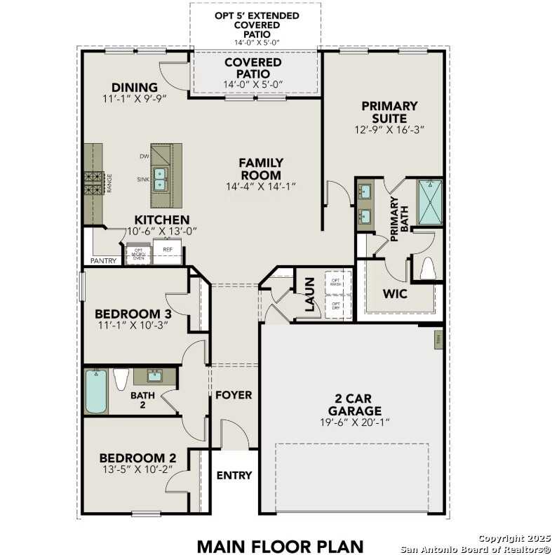 The Asheville K main floor plan: 3-bed, 2-bath, 1,428 sq ft 1-story home with open kitchen, family room, primary suite, and 2-car garage in Bricewood, San Antonio
