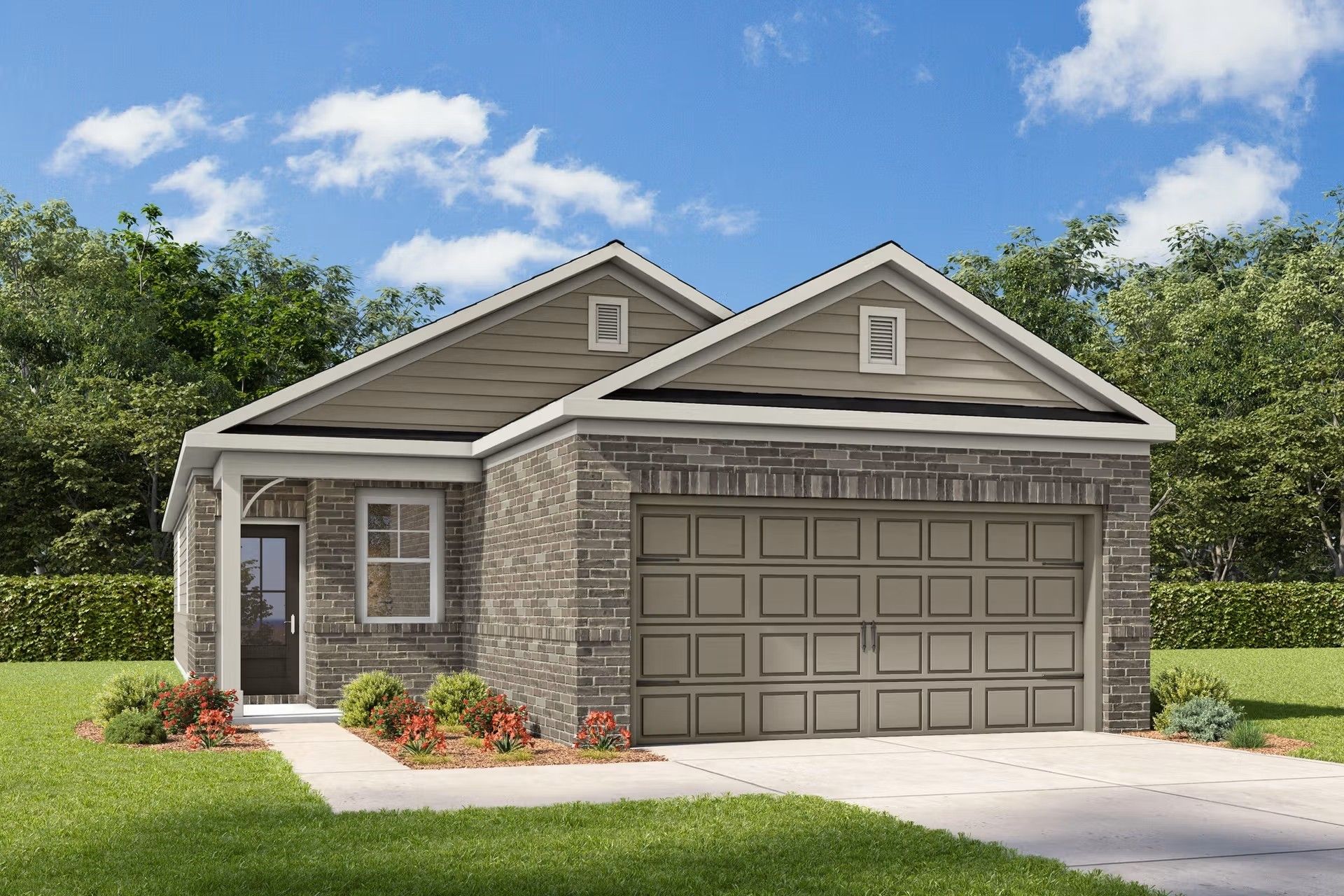 1-story brick exterior of The Colorado F floor plan by Davidson Homes with a 2-car garage in Heartland, Texas.