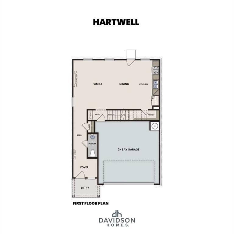 First floor plan of Hartwell A 3-bedroom craftsman home by Davidson Homes: open kitchen, family room, dining, 2-car garage in Canton, GA