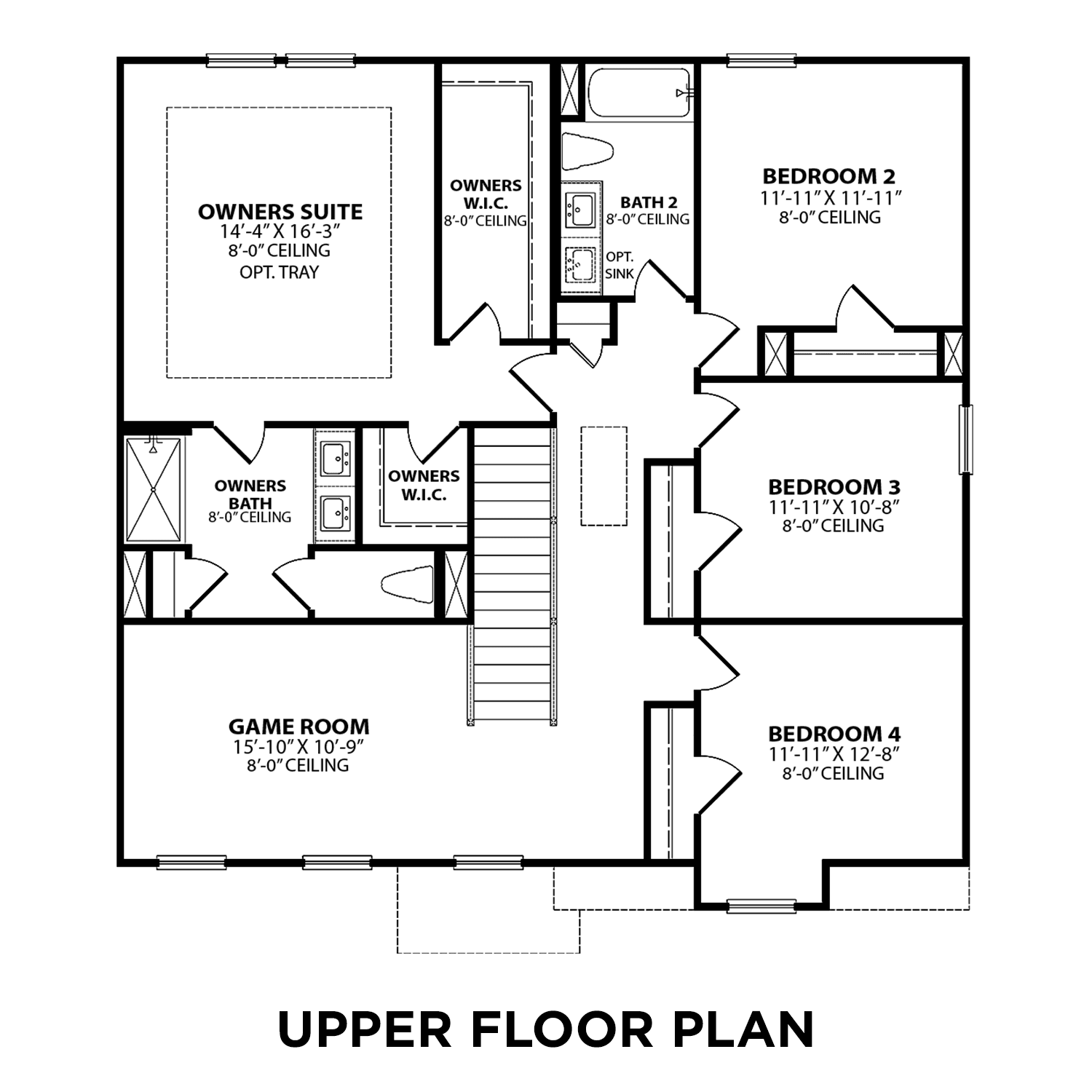Upper floor plan of The Murray B 4-bedroom home by Davidson Homes, featuring owner's suite, bedrooms 2-4, and game room