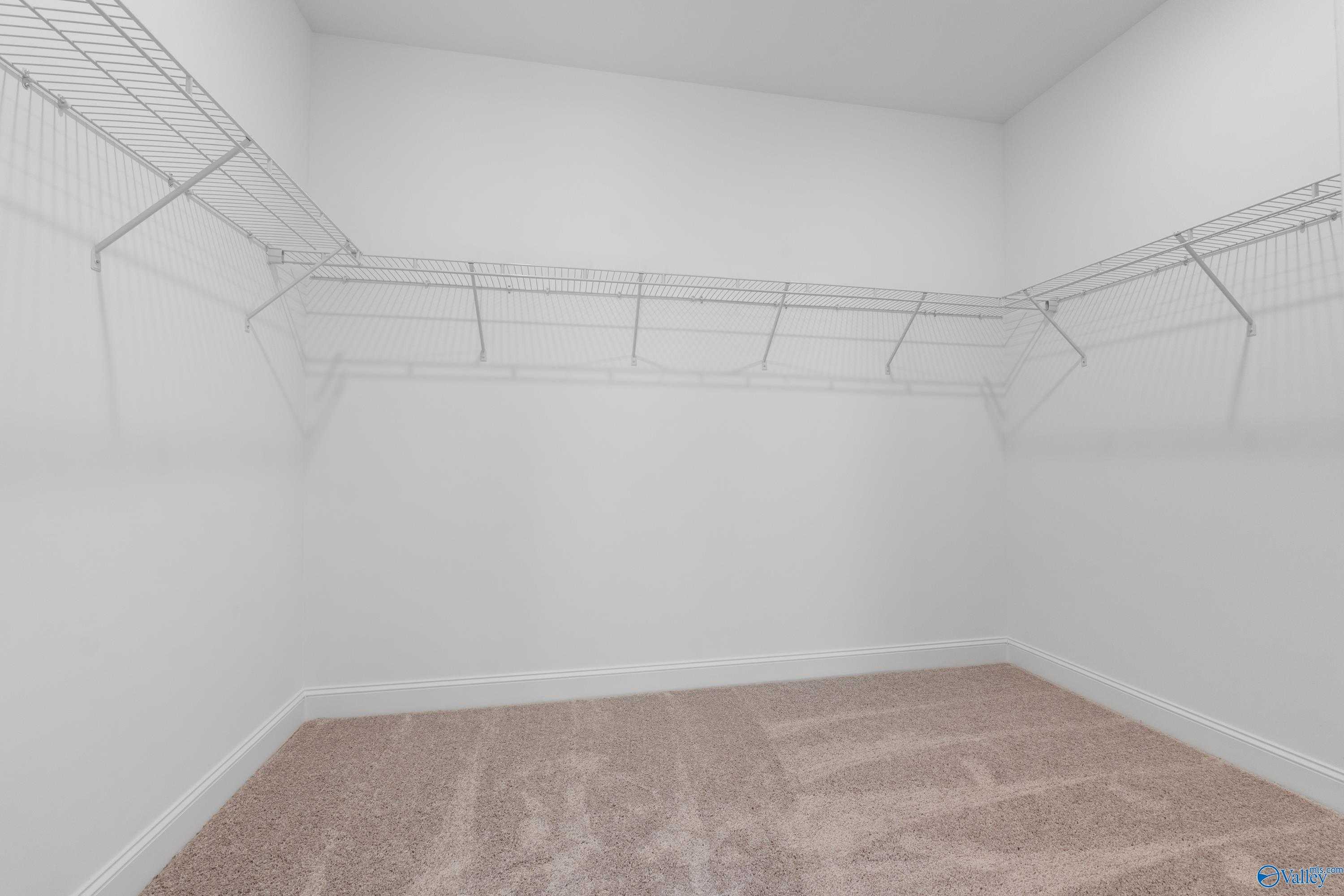 Spacious walk-in closet with wire shelving, carpeted floor in Davidson Homes The Oxford, Harvest, Alabama
