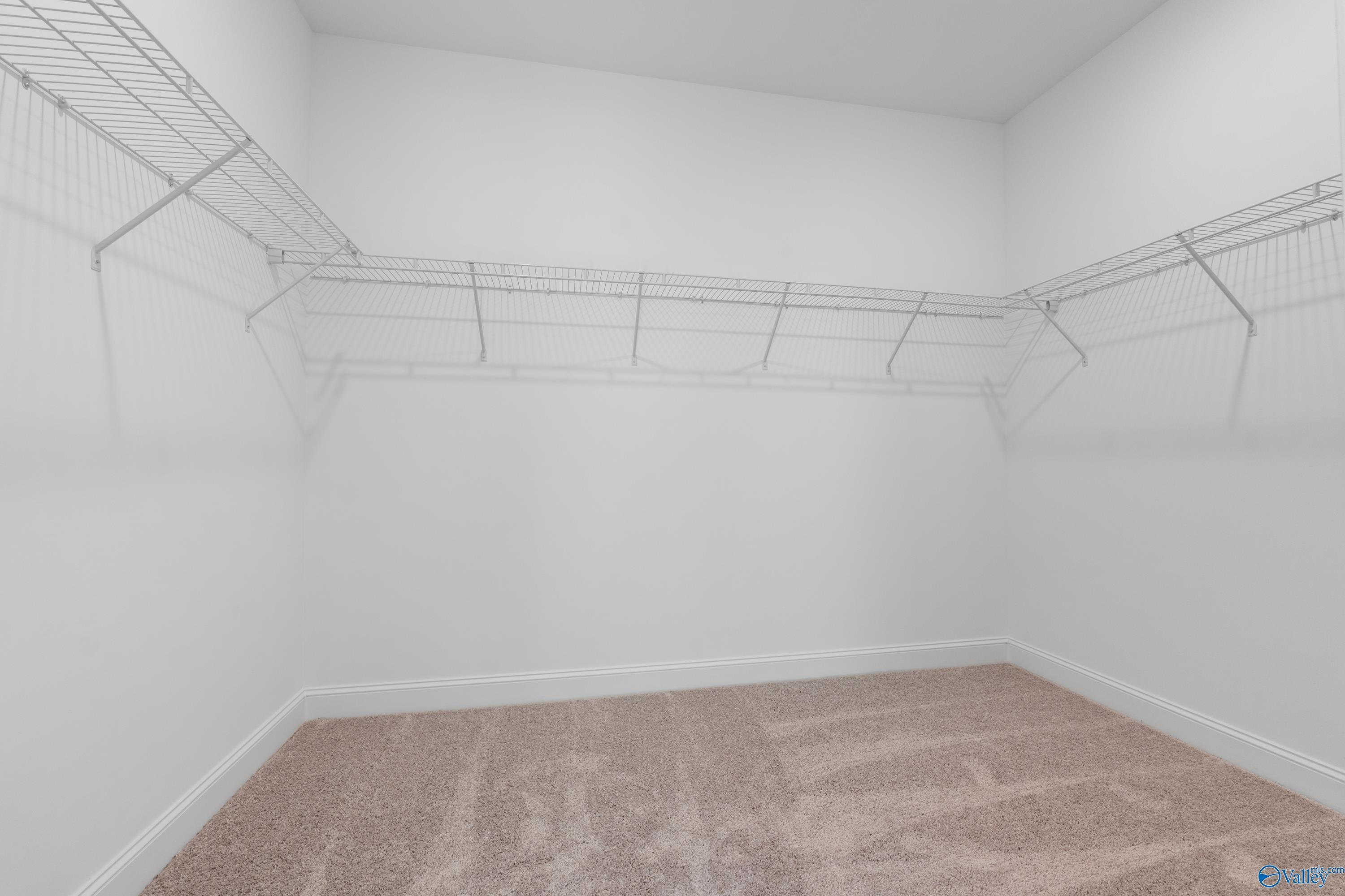Spacious walk-in closet with wire shelving, carpeted floor in Davidson Homes The Oxford, Harvest, Alabama