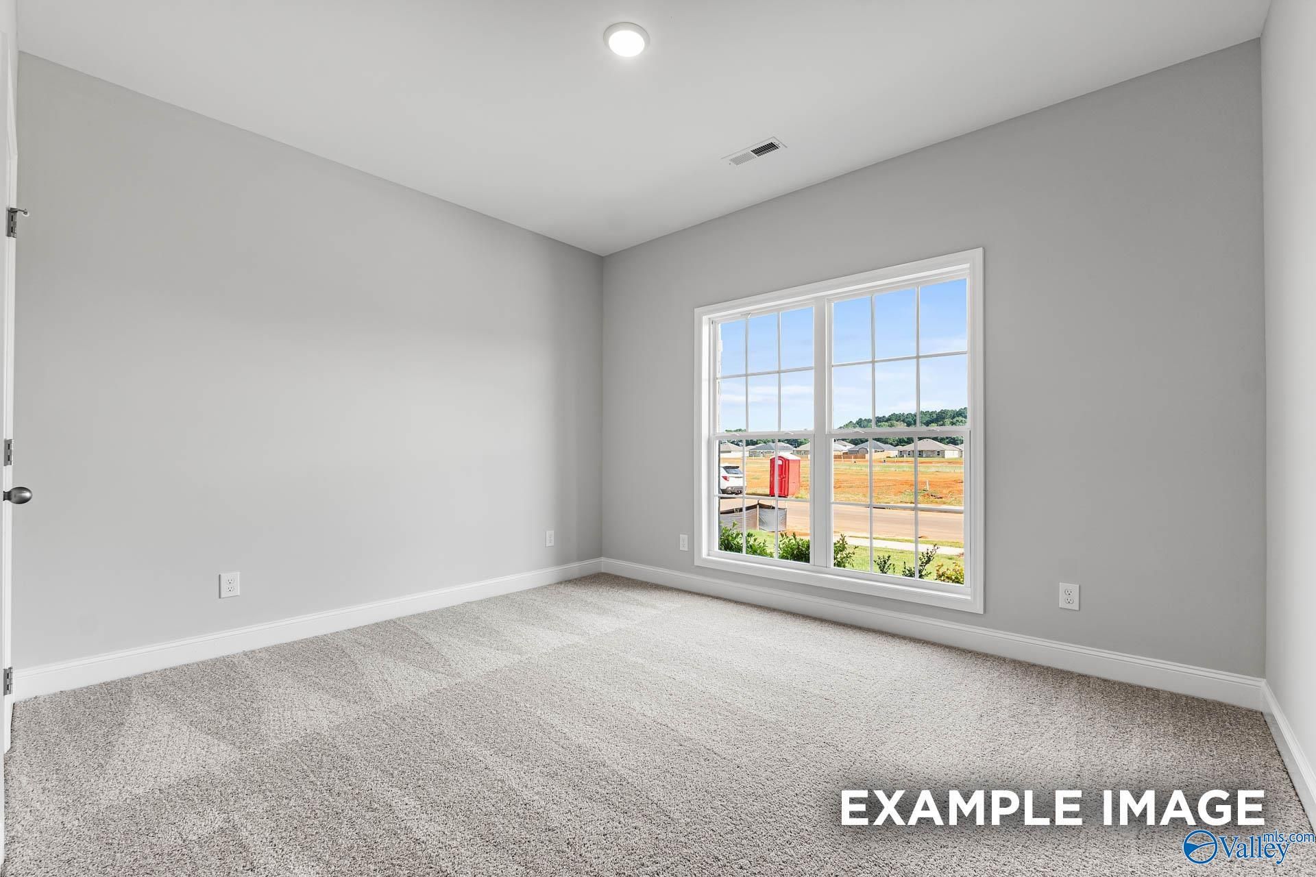 Spacious empty bedroom with gray walls, carpet floor, and large window overlooking construction in Davidson Homes The Daphne C, Arab, Alabama