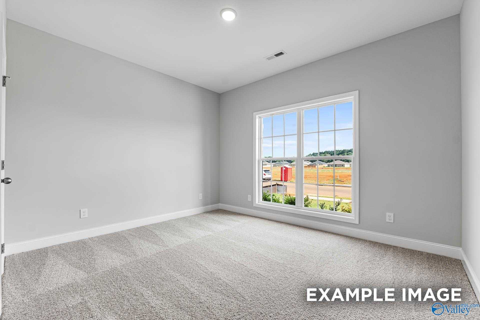 Spacious empty bedroom with gray walls, carpet floor, and large window overlooking construction in Davidson Homes The Daphne C, Arab, Alabama