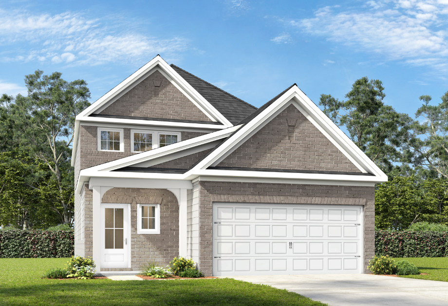 Two-story exterior elevation of The Pinecrest H featuring a brick and shingle facade and a two-car garage.