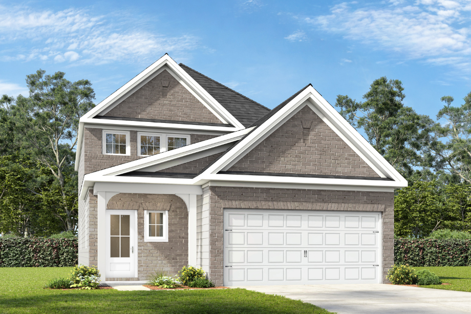Two-story exterior elevation of The Pinecrest H featuring a brick and shingle facade and a two-car garage.