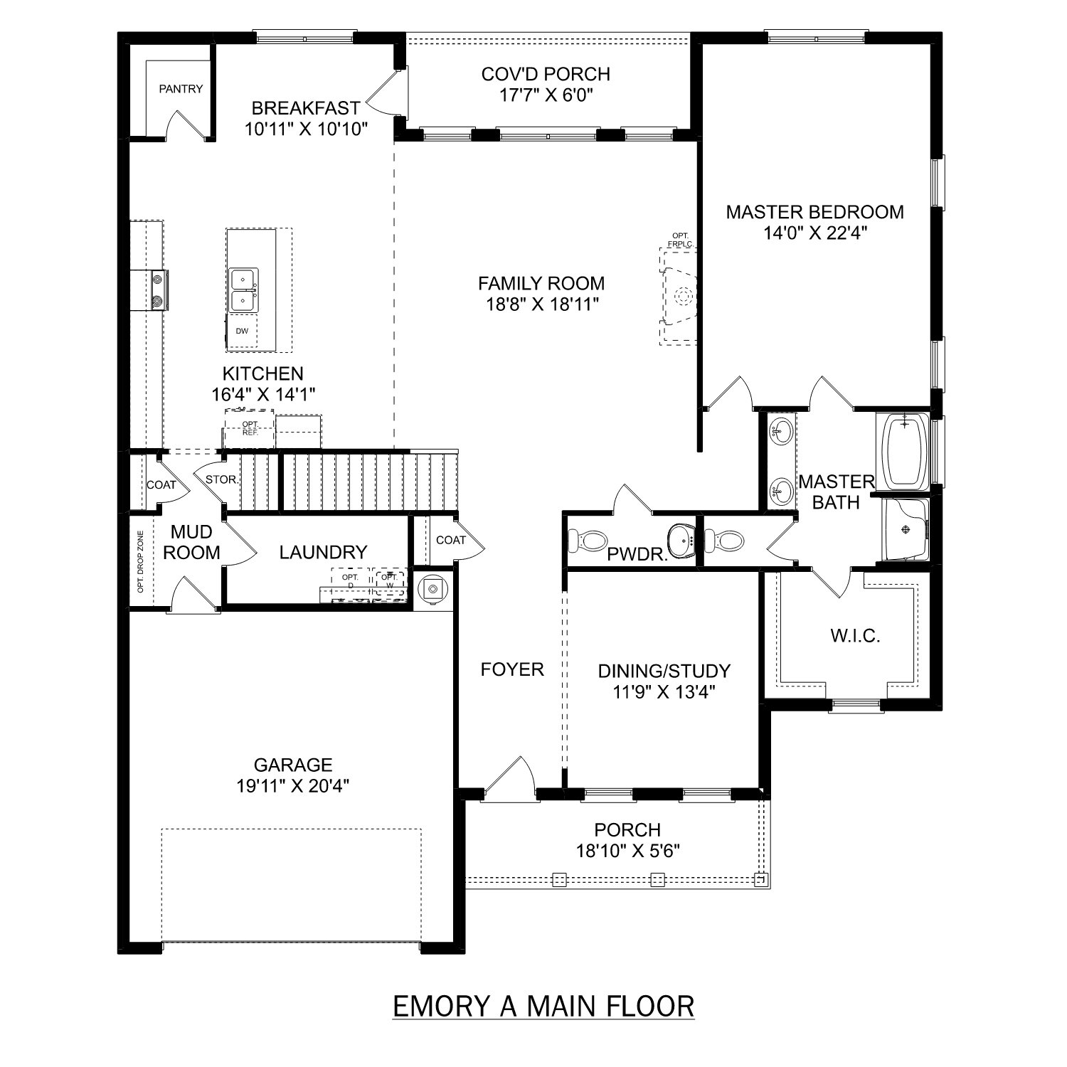 First floor plan of The Emory home design featuring open kitchen, master suite, family room, and 2-car garage
