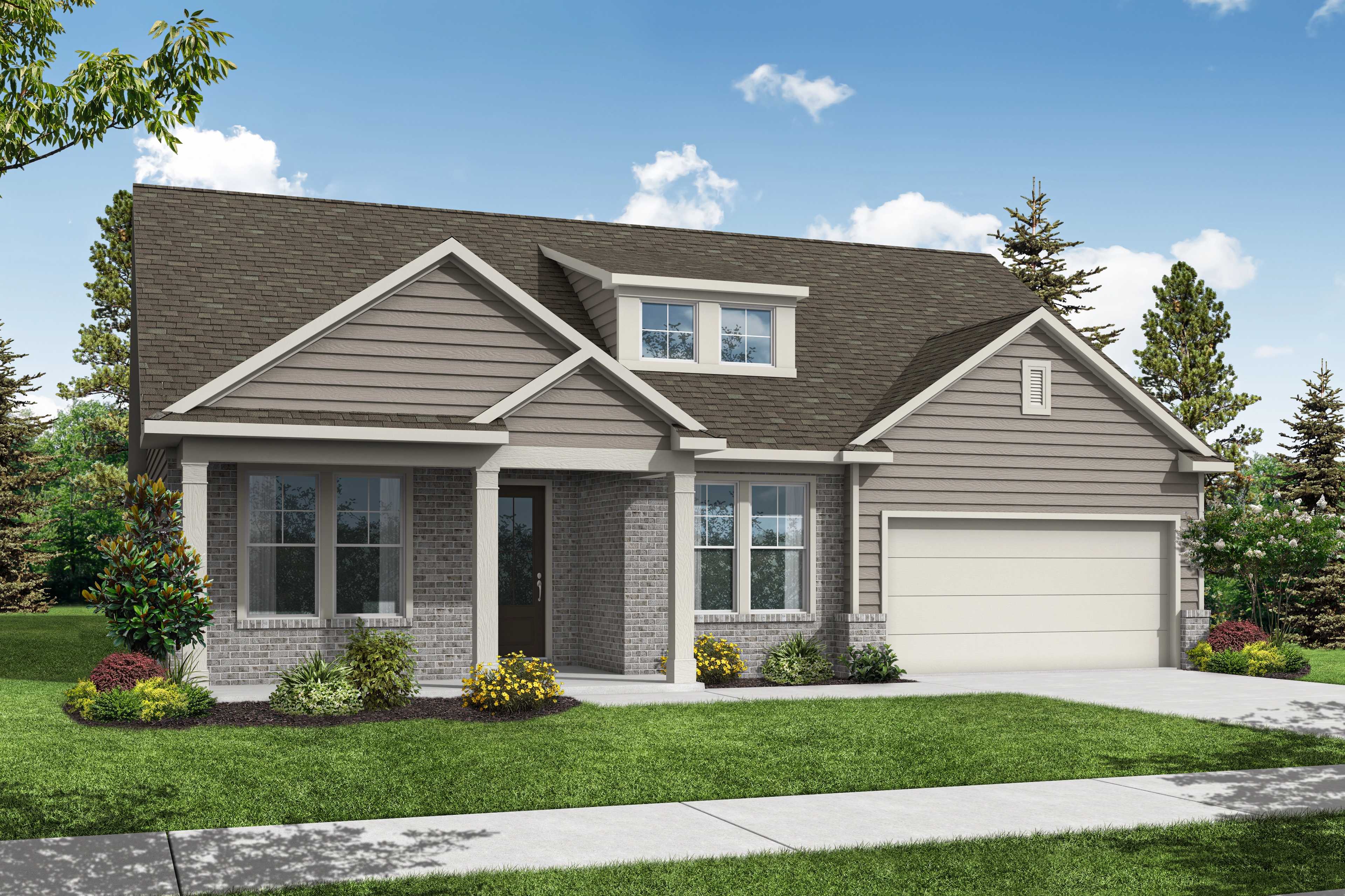 Modern one-story Harrison G elevation by Davidson Homes: gray brick and siding, covered porch, dormer windows, 2-car garage, landscaped yard