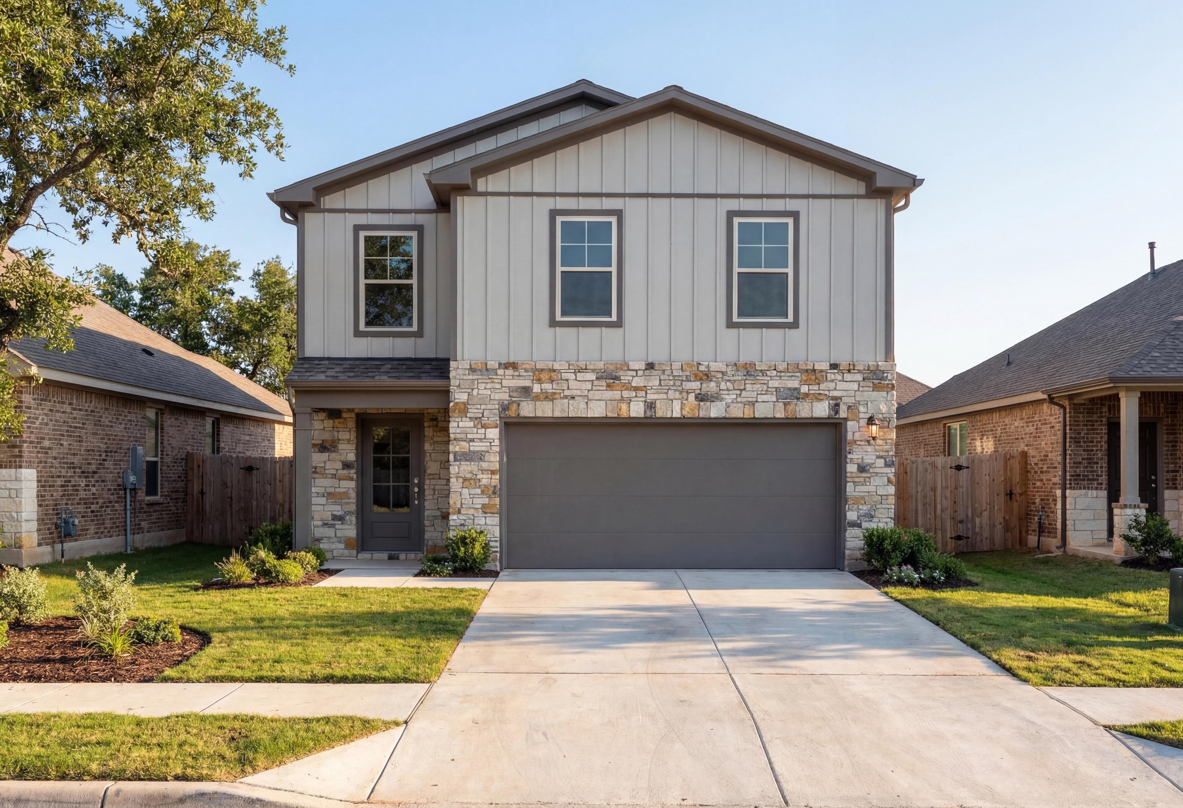 Two-story The Brazos E home elevation with gray board and batten siding, stone accents, two-car garage, and lush landscaped yard in Magnolia, Texas