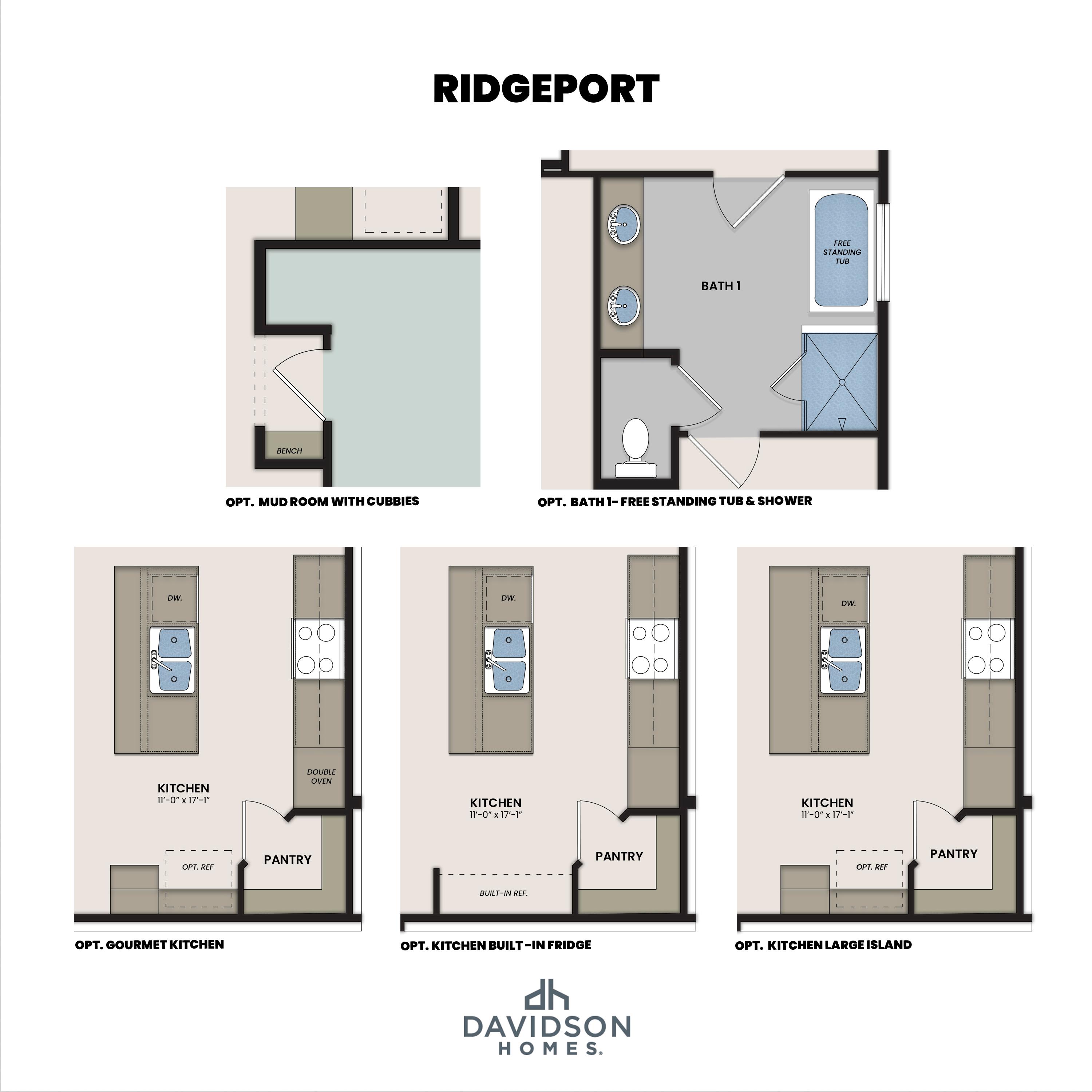 Optional layout upgrades for The Ridgeport by Davidson Homes showing mudroom, freestanding tub bath, gourmet kitchen, built-in fridge, and island options